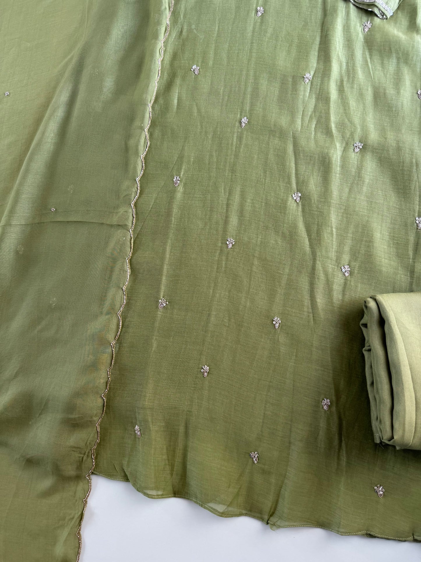 K638 - Mul chanderi handwork Aline Kurti with pants and dupatta