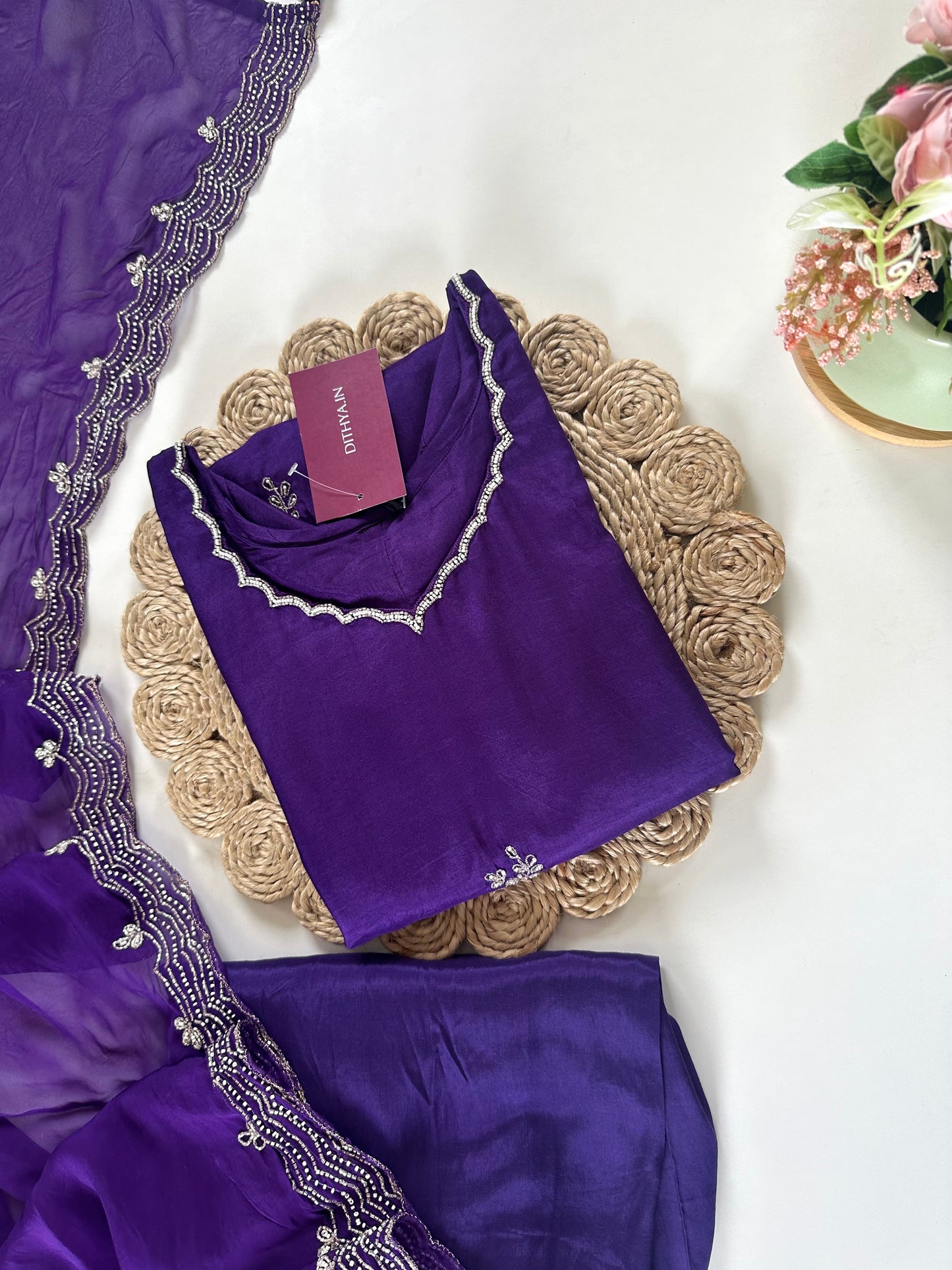 K131 - Russian silk handwork straight kurti with sharara and dupatta