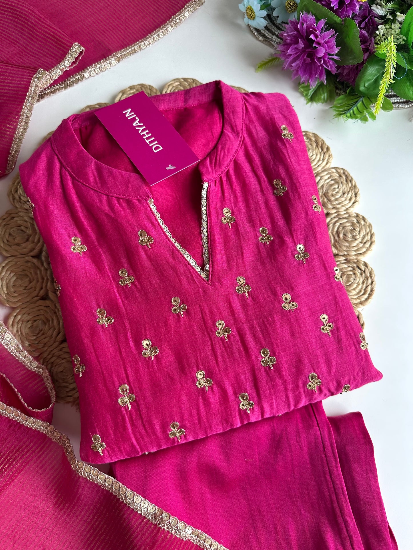 K013 - Mul Chanderi handwork Aline Kurti with pants and dupatta