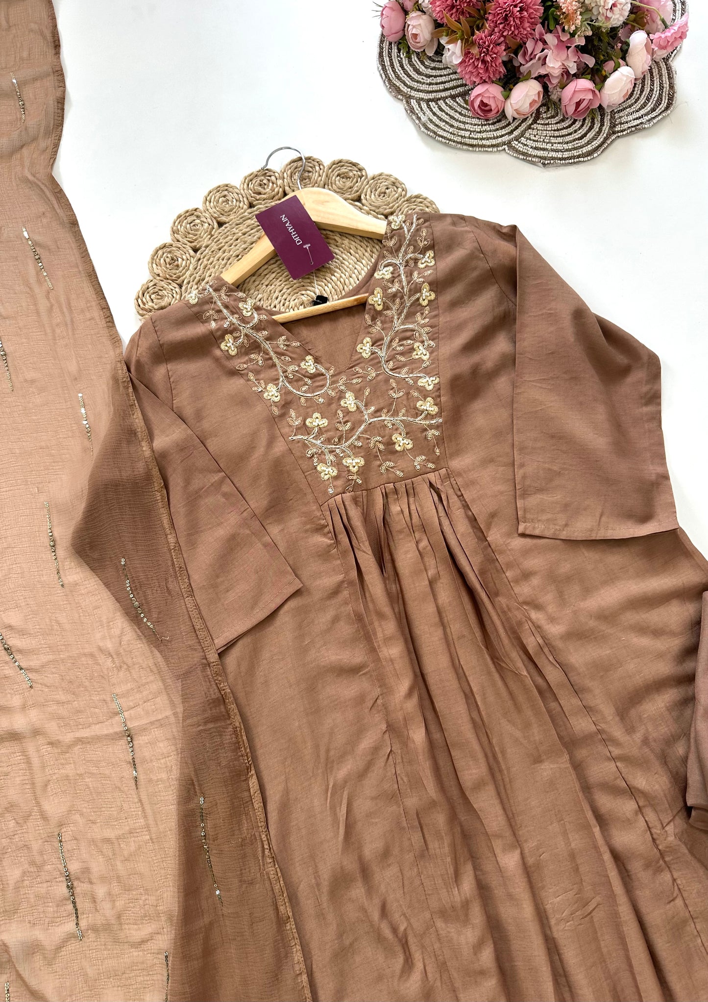 K056 - Mul Rayon handwork Anarkali with pants and dupatta in 2 colours