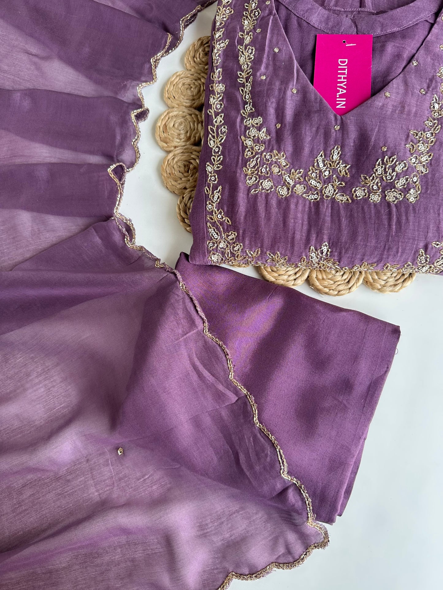 K076 - Mul Chanderi handwork Aline Kurti with pants and dupatta