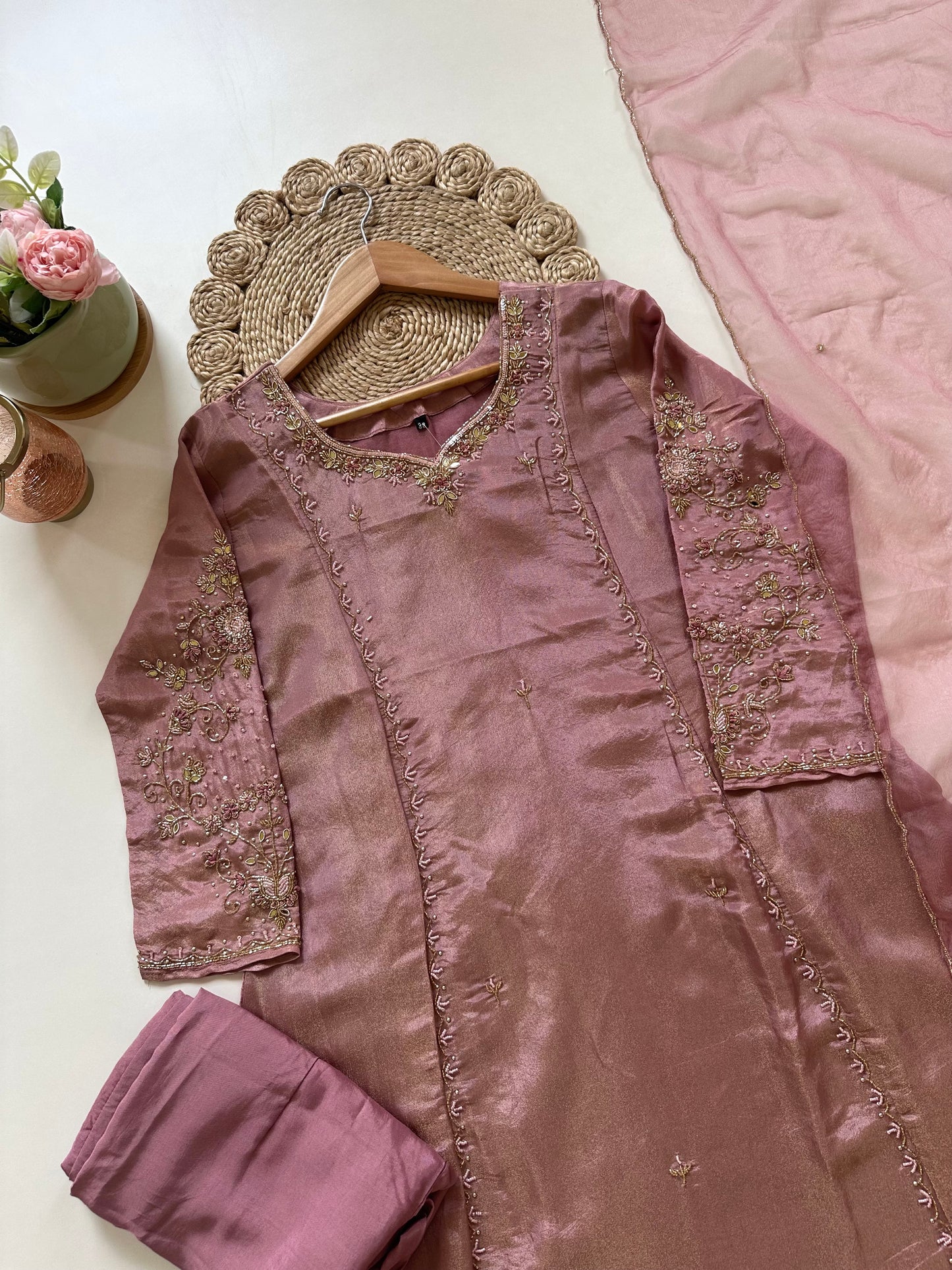 K280 - Tissue silk handwork Anarkali with pants and dupatta in 2 colours .