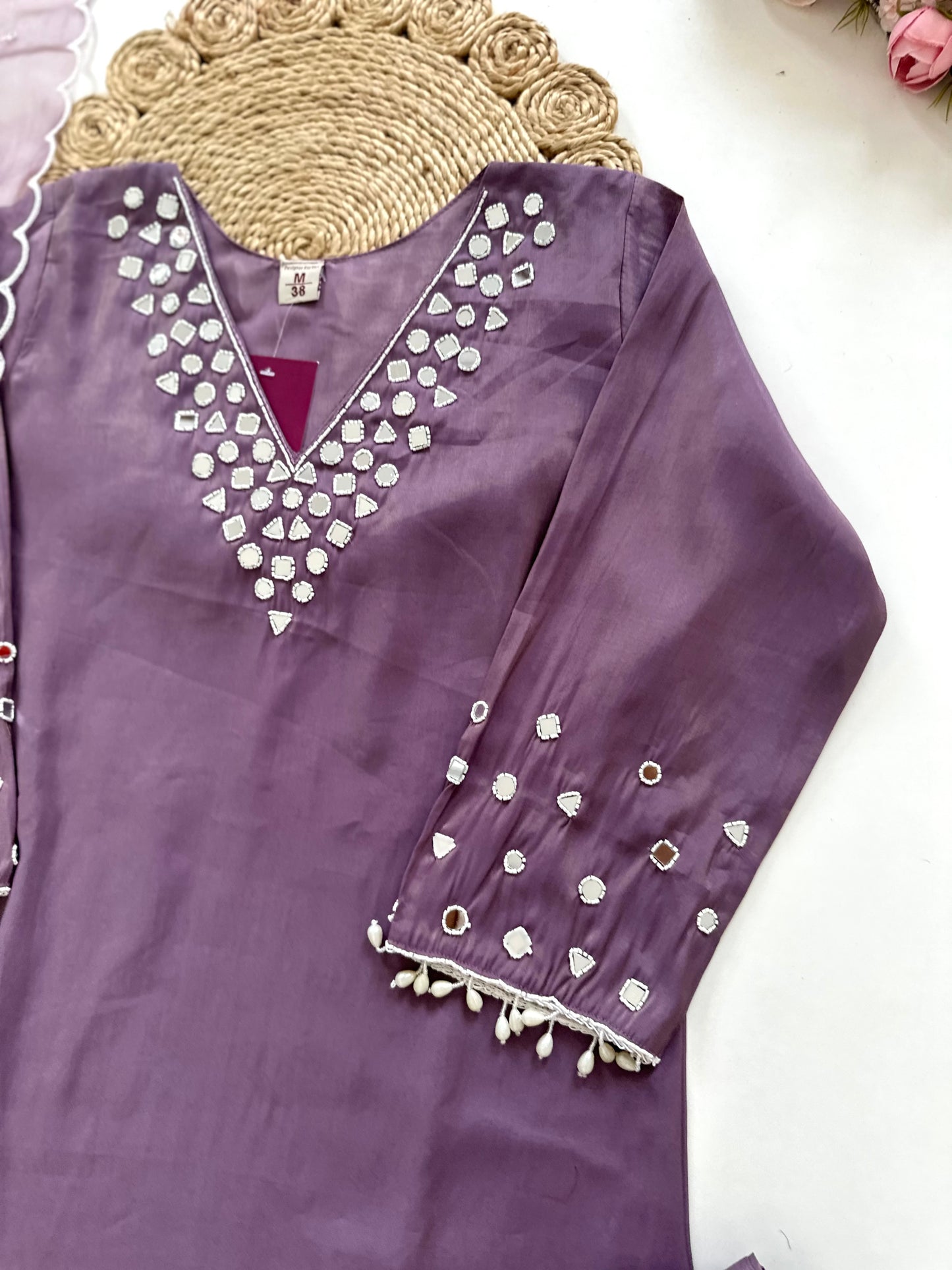 K209 - Shimmer silk mirror work straight Kurti with pants and dupatta in 3 colours