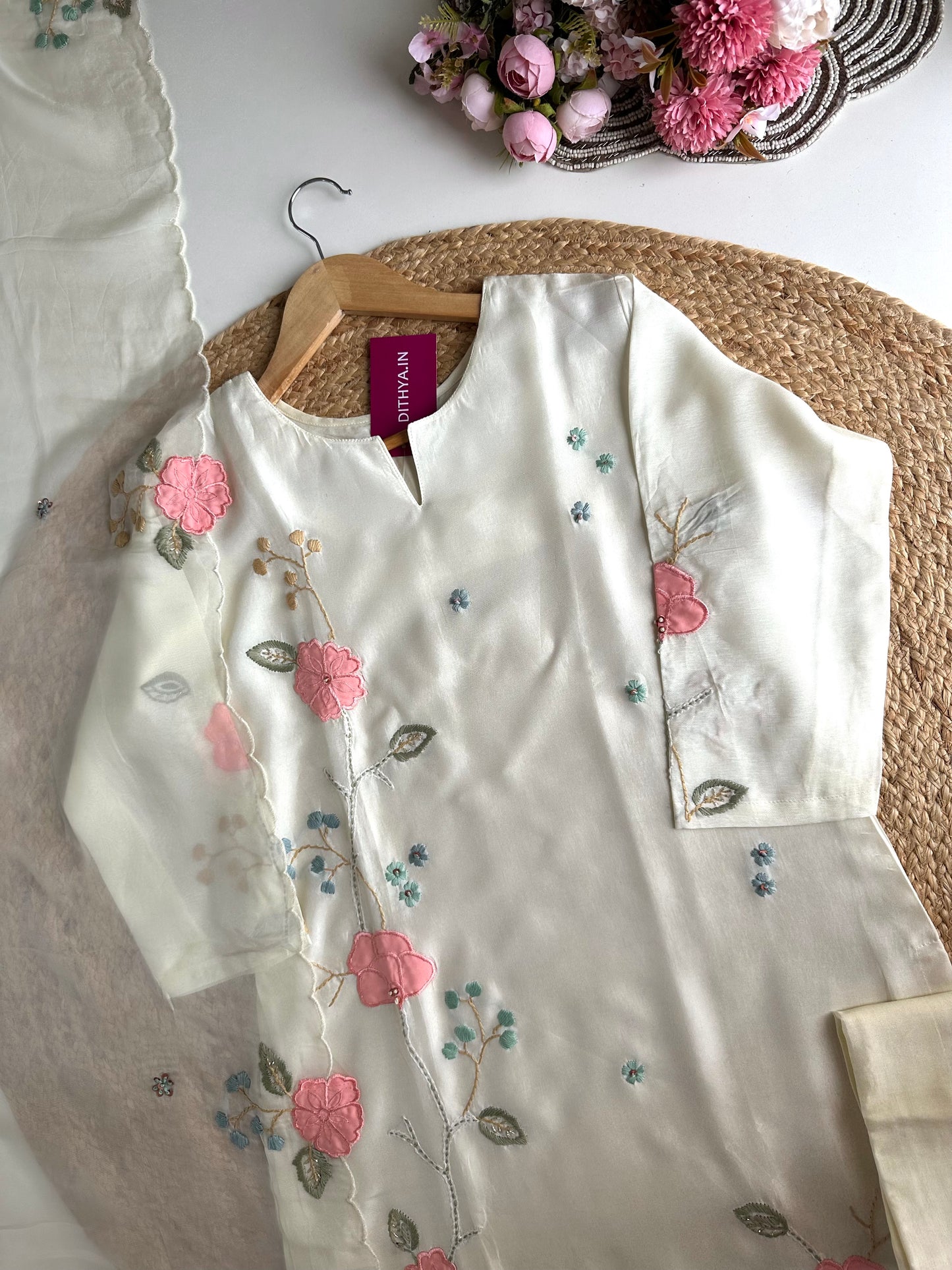 K139 - Russian silk Appliqué work straight Kurti with pants and dupatta