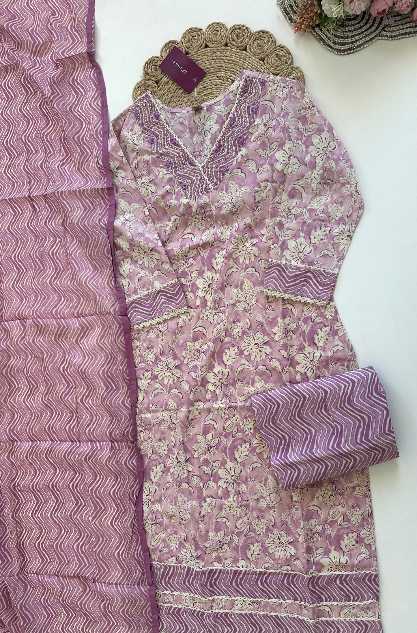 K019 - Cotton straight kurti with pants and dupatta .