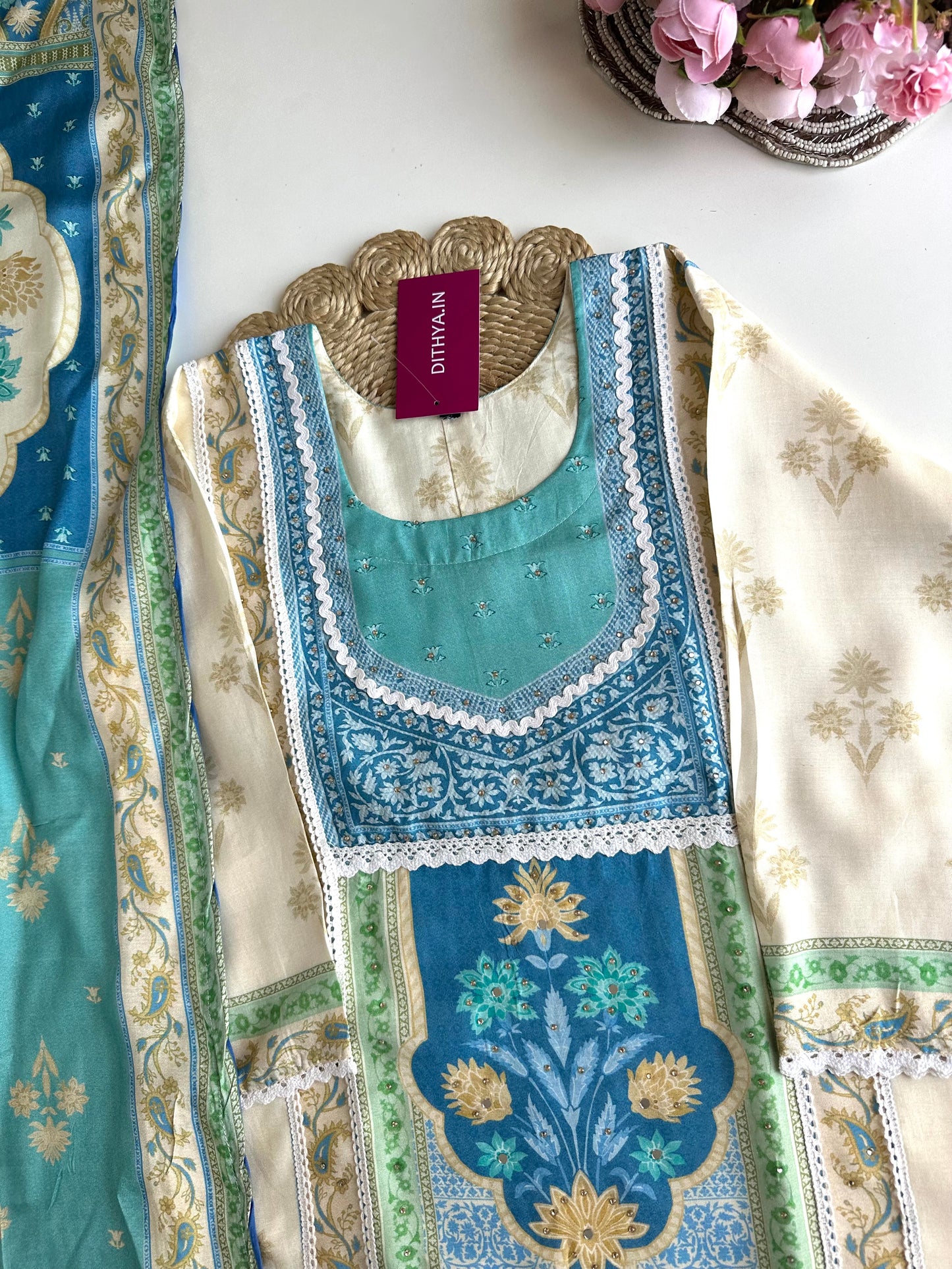 K230 - Pure muslin handwork straight Kurti with pants and dupatta