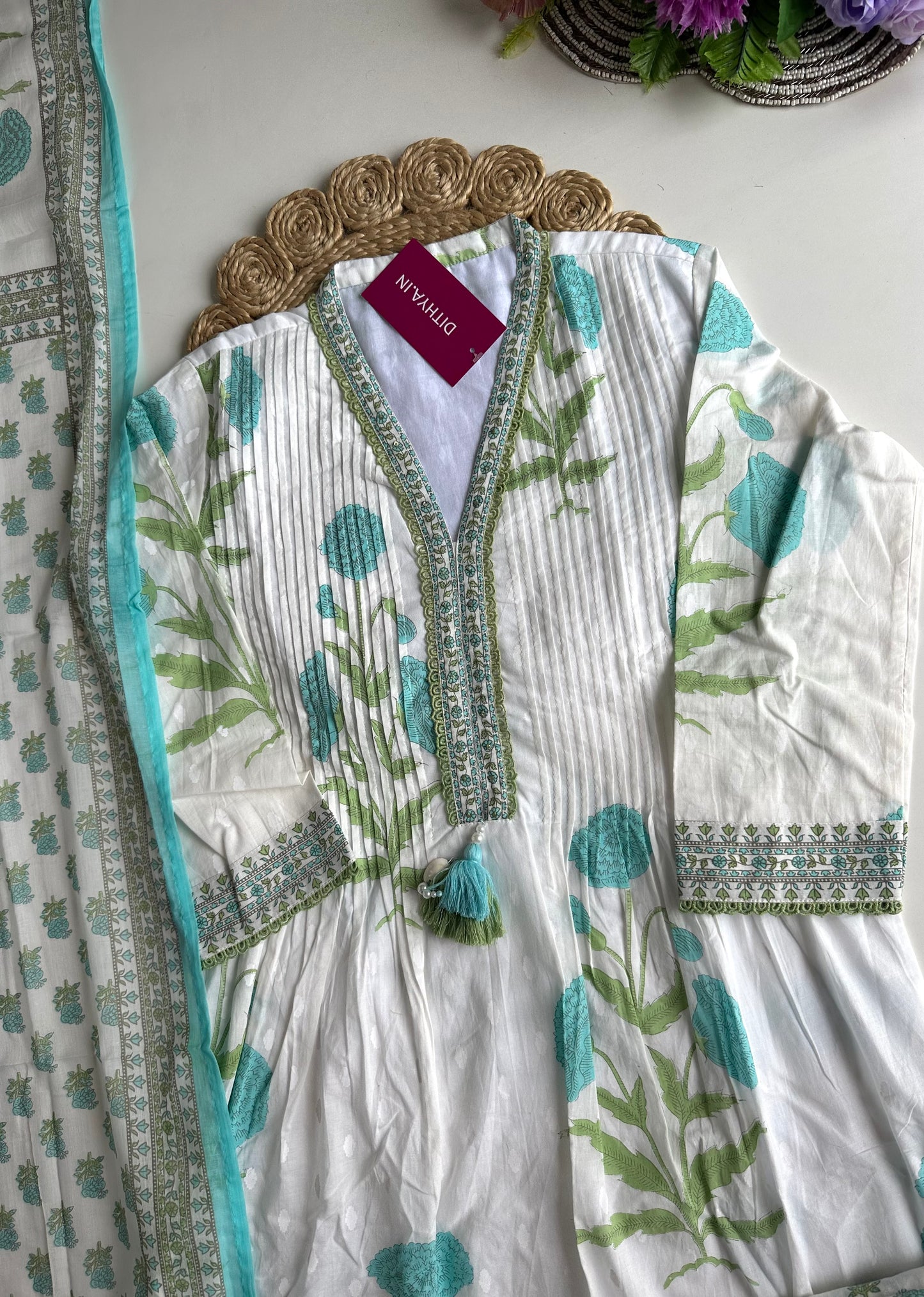 K340 - Mul cotton pintex floral Aline Kurti with pants and dupatta