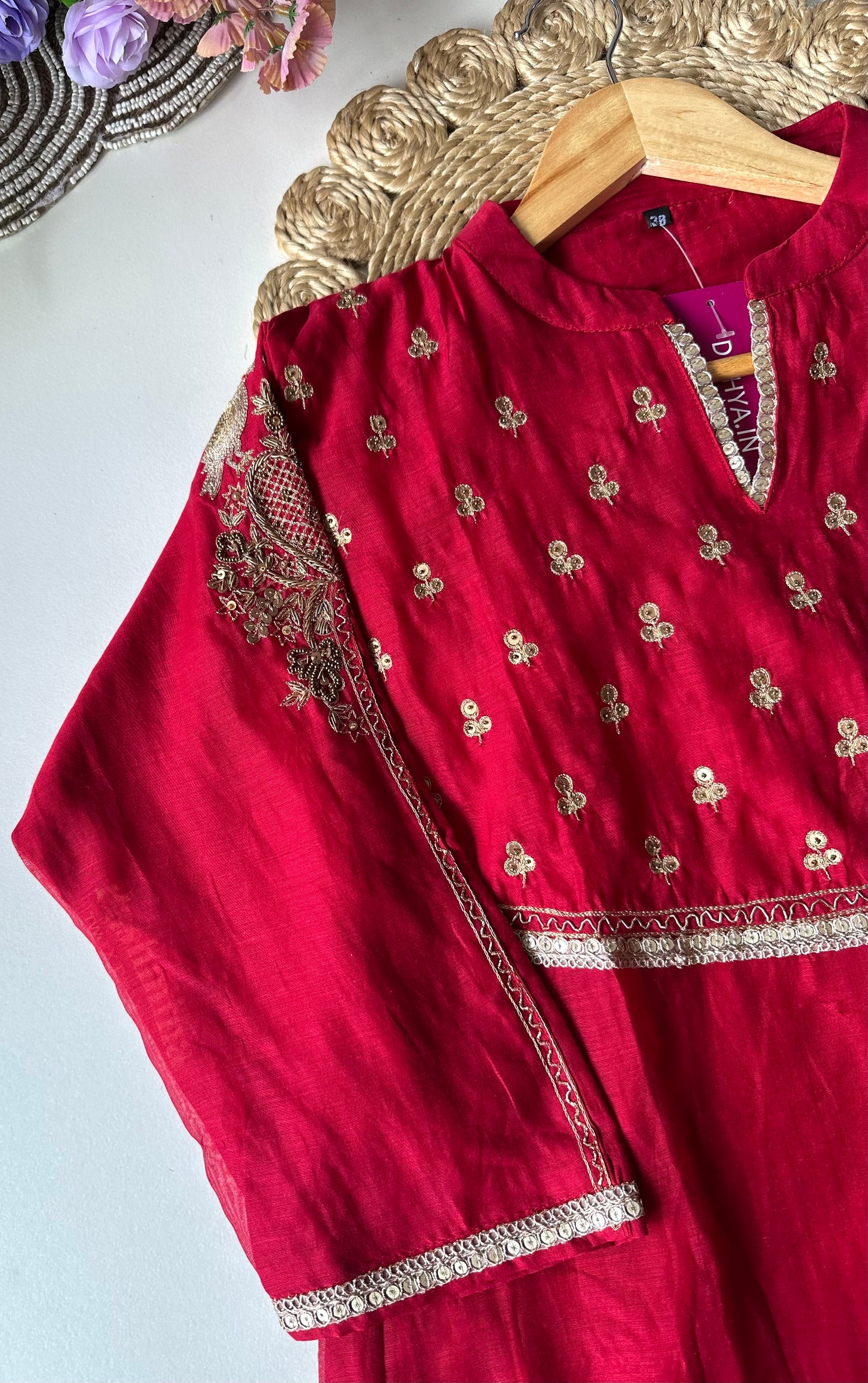 K013 - Mul Chanderi handwork Aline Kurti with pants and dupatta