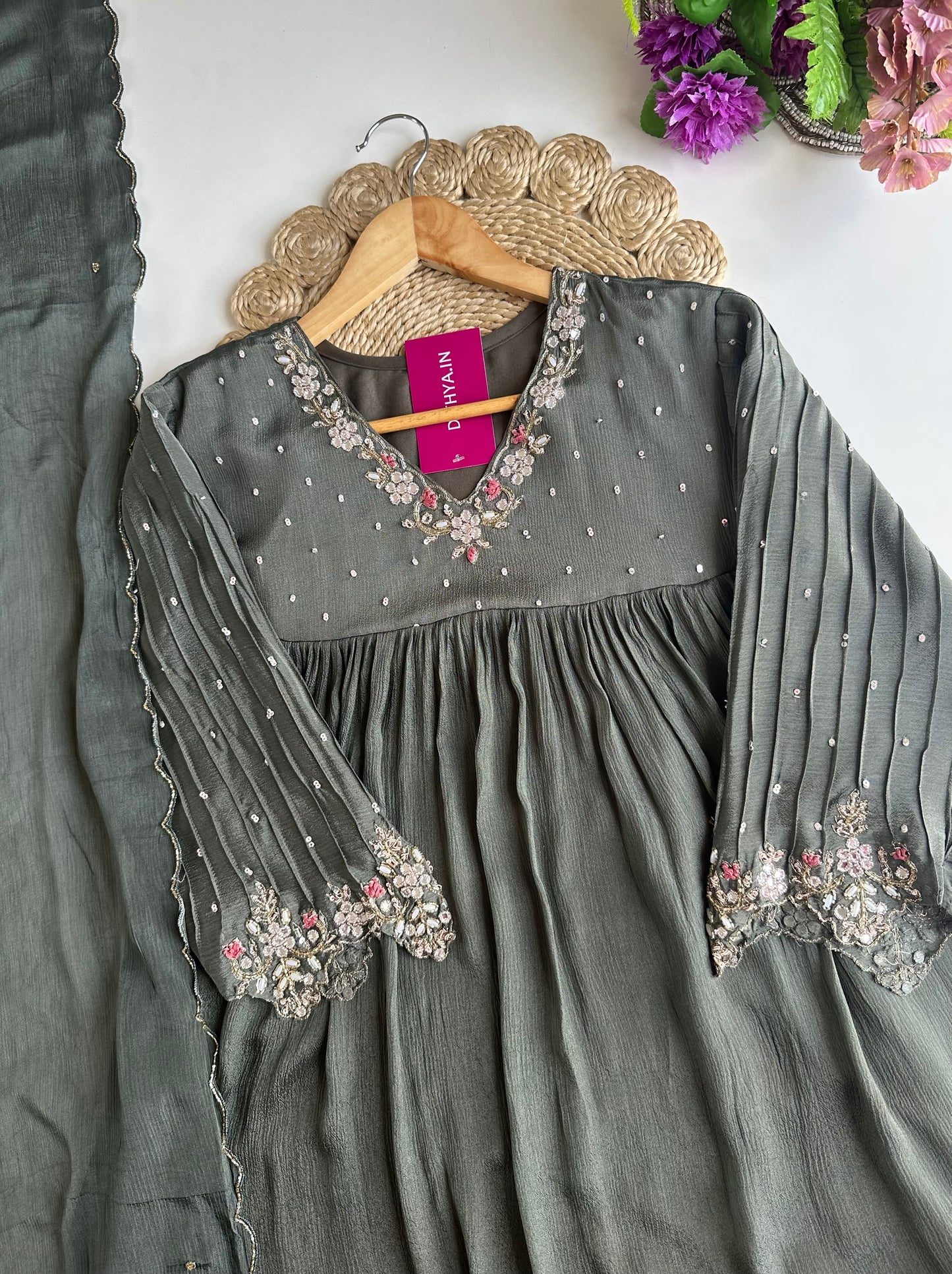 K028 - Pure Chinnon handwork Anarkali with pants and dupatta