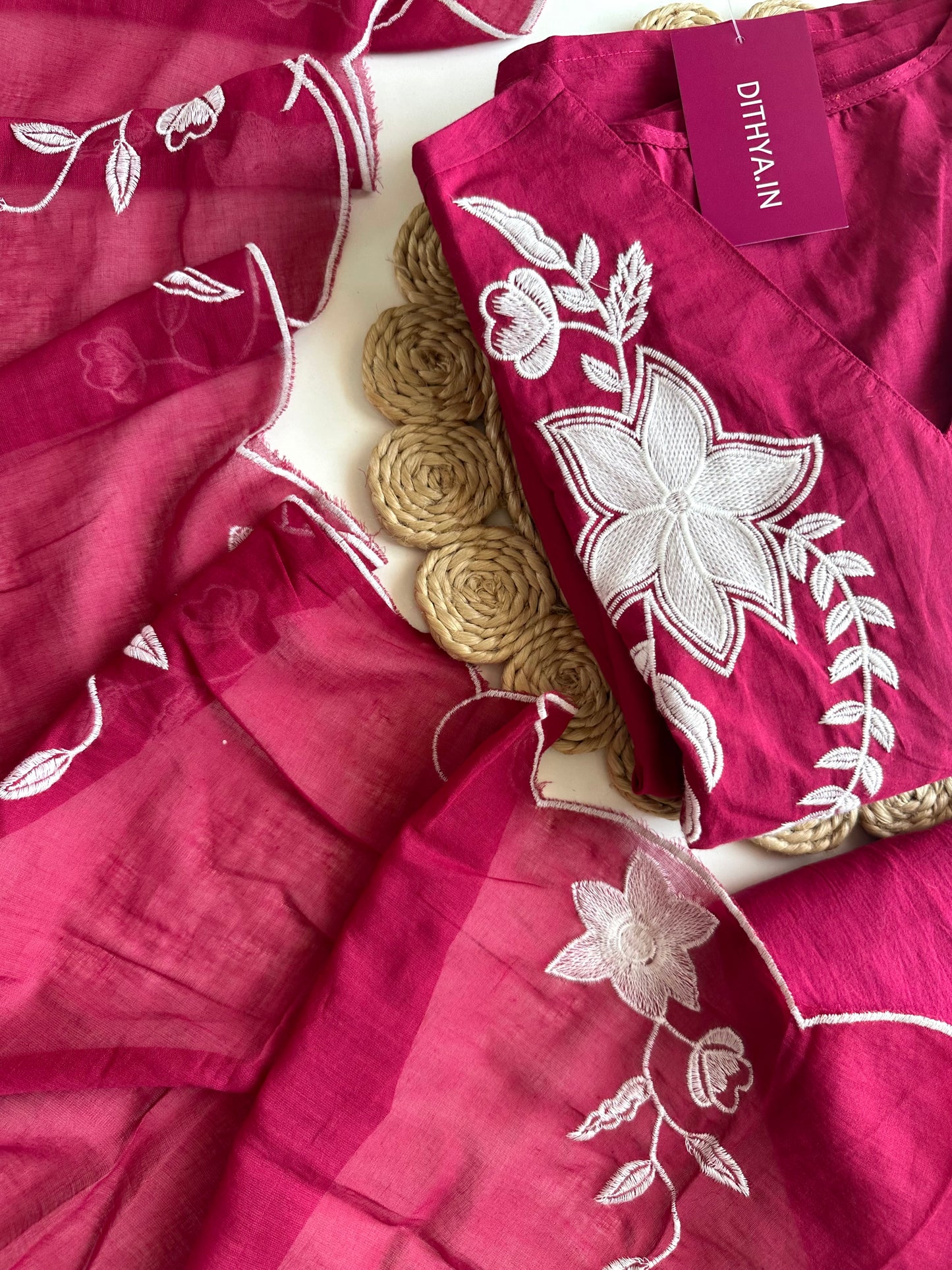 K197 - Mul cotton appliqué embroidery Anarkali with pants and dupatta