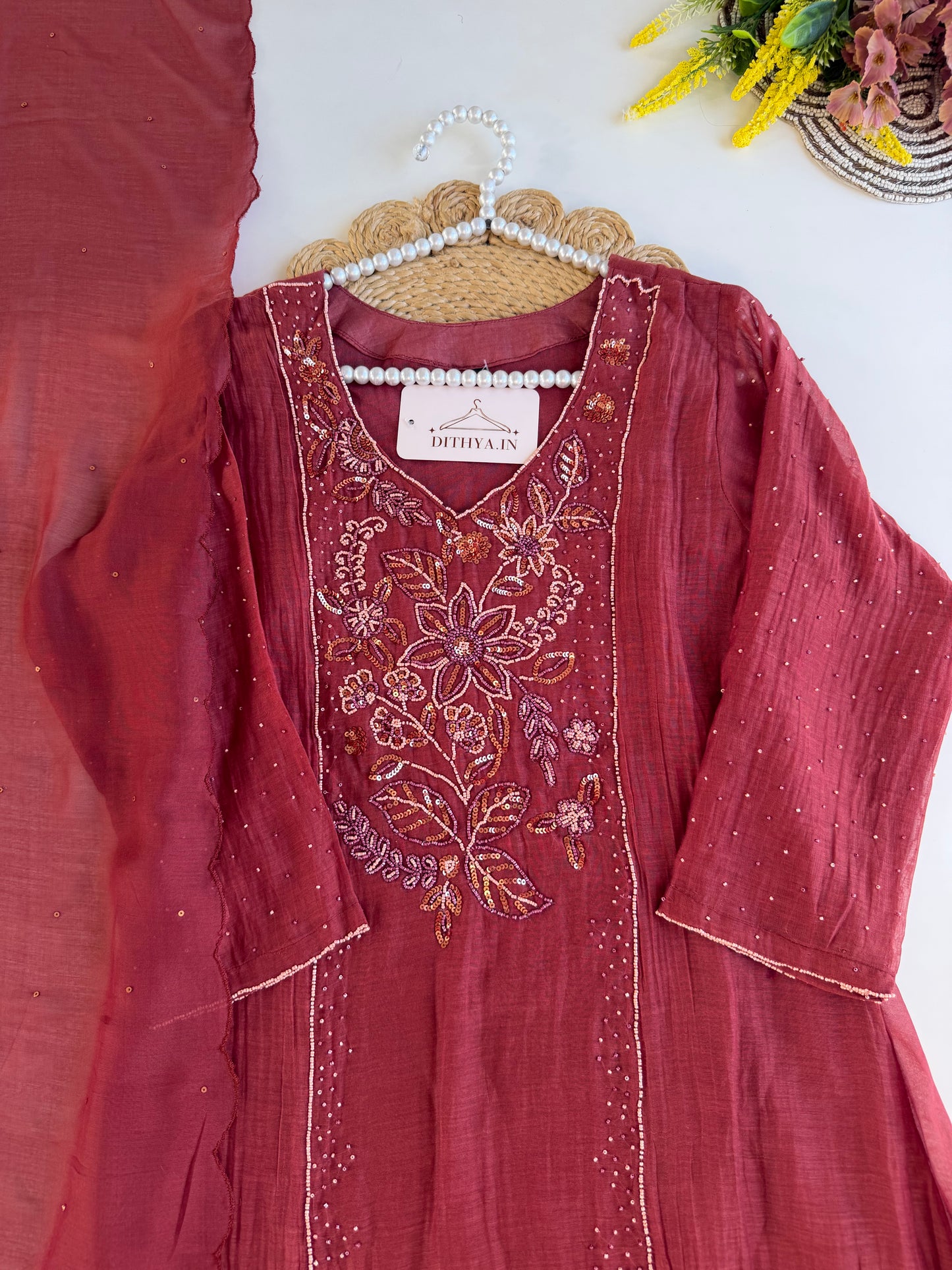 K507 - Mul chanderi handwork Aline Kurti with pants and dupatta
