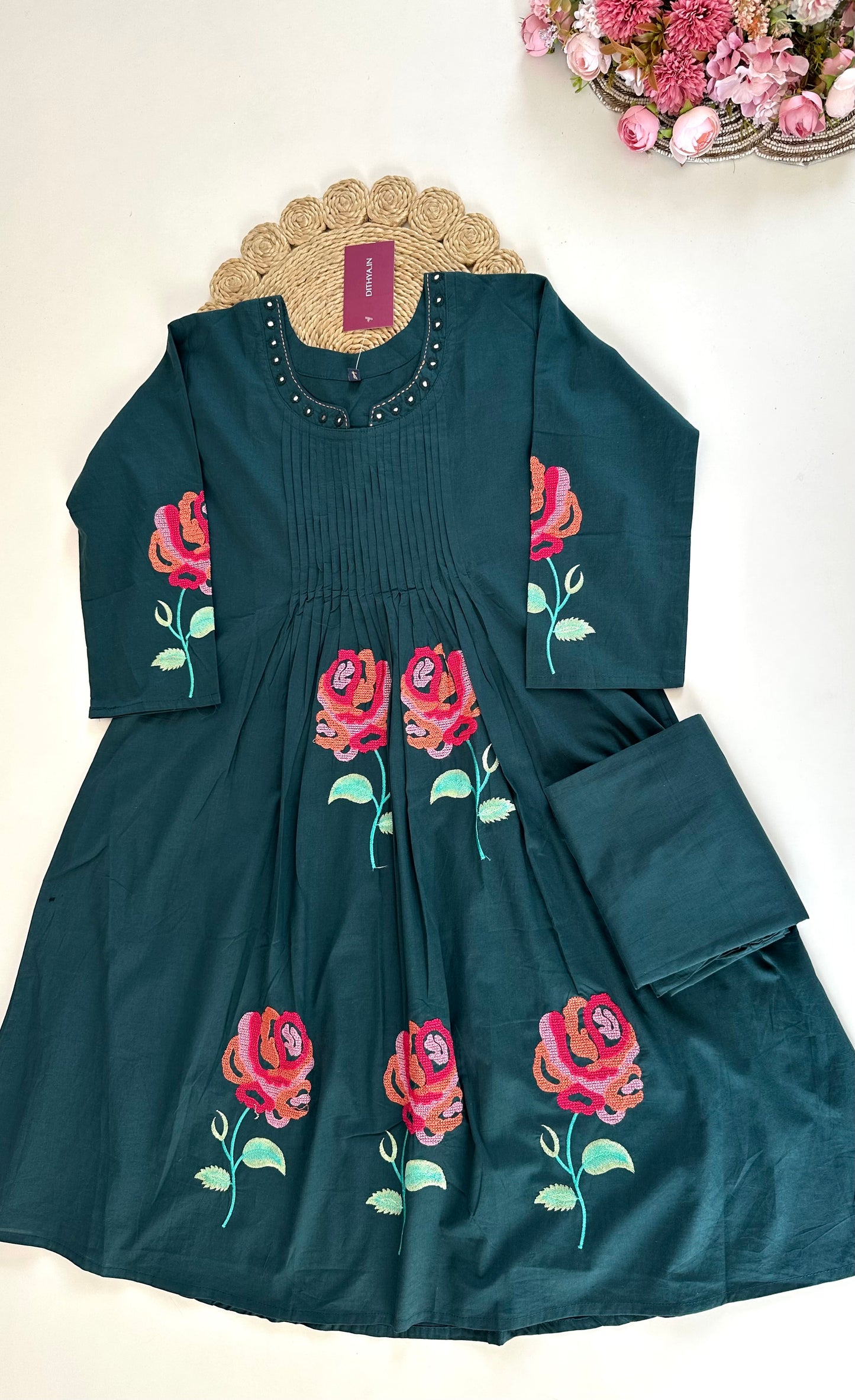 K268 - Cotton pleated embroidered Aline Kurti with pants