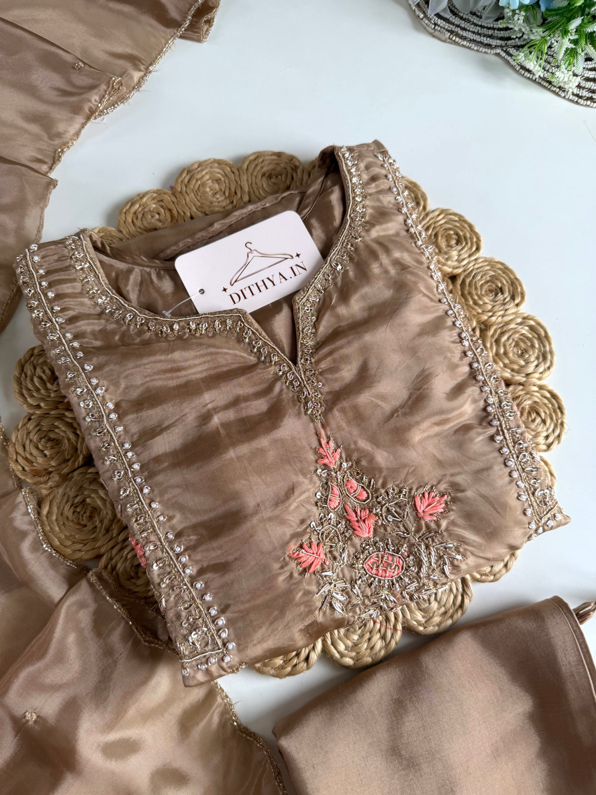K653 - Tissue silk handwork Anarkali with pants and dupatta
