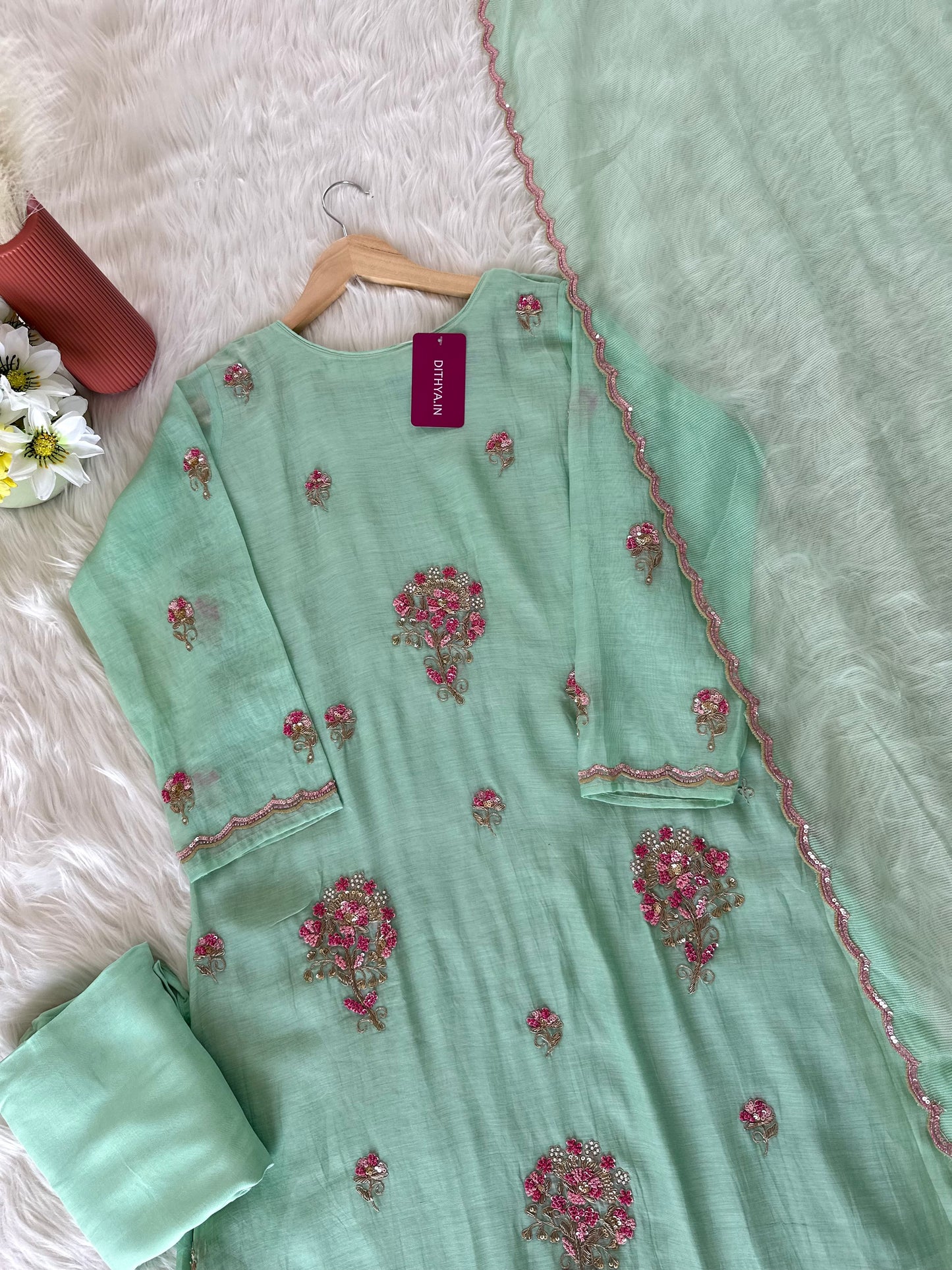 K259 - Mul Chanderi handwork Aline Kurti with pants and dupatta