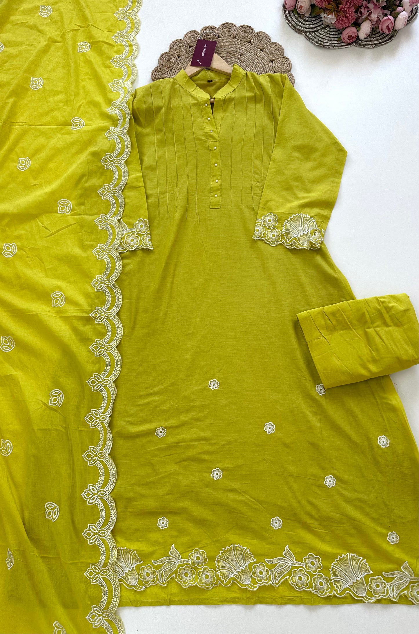 K089 - Mulmul cotton embroidered Anarkali with pants and dupatta in 2 colours