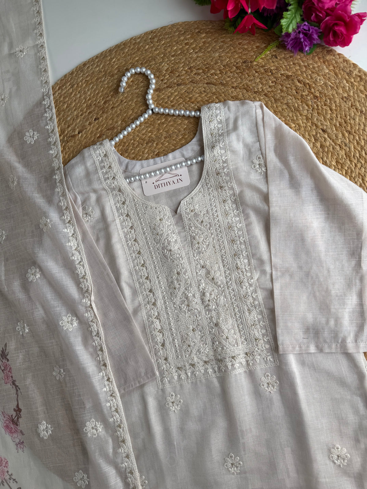 K071 - Chanderi silk embroidered straight Kurti with pants and dupatta