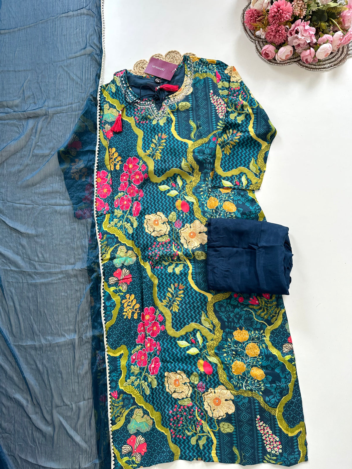 K321 - Chinnon floral straight Kurti with pants and dupatta