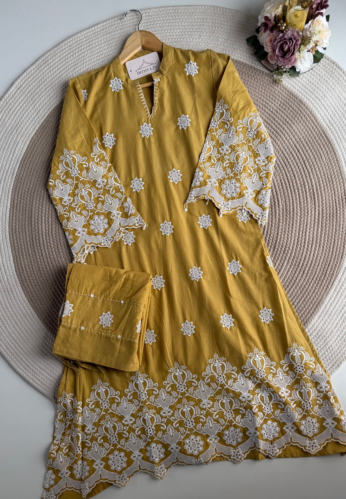 K718 - Cotton embroidered Aline Kurti with pants in 3 colours