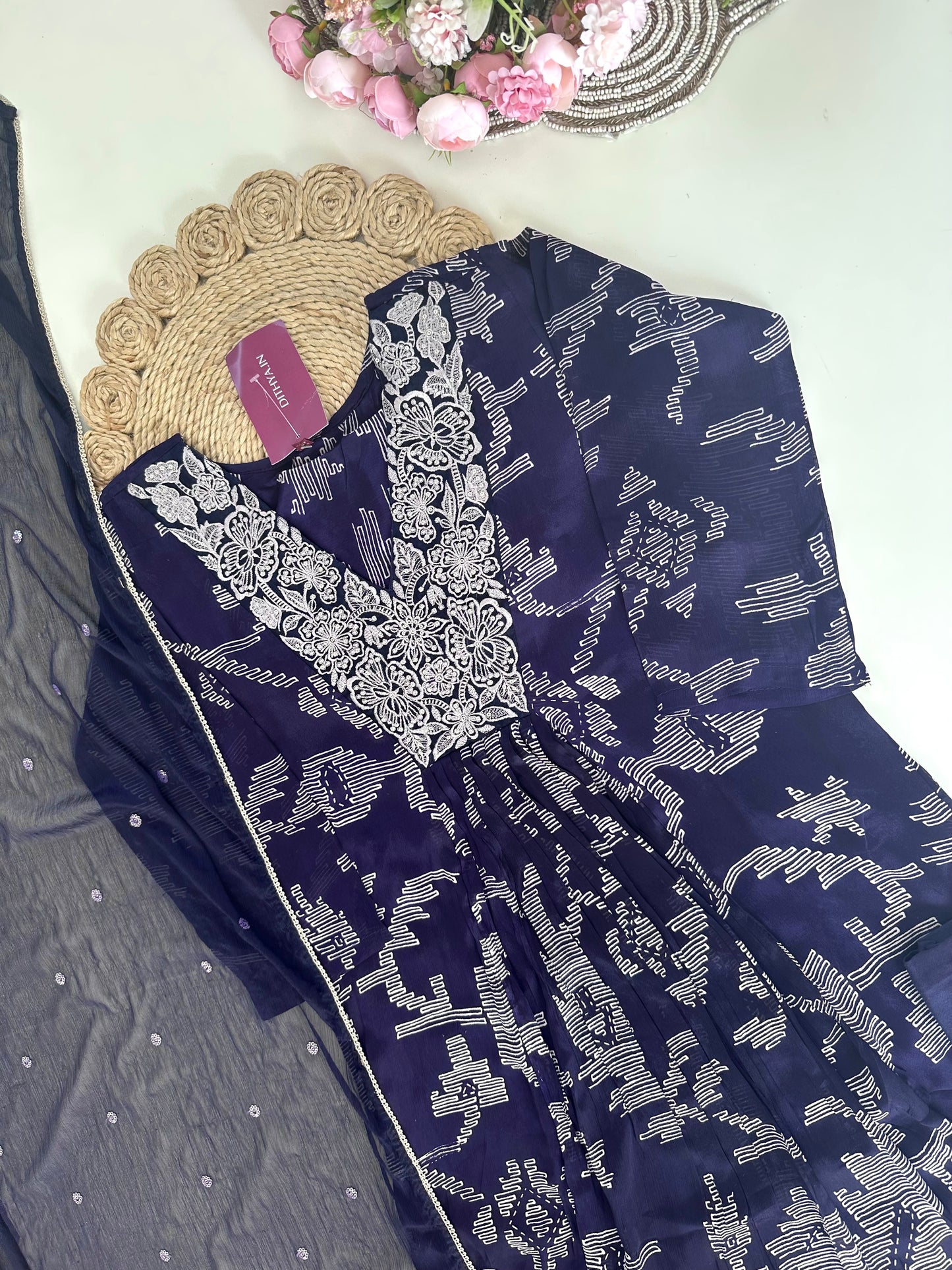 K190 - Chinnon embroidered Anarkali with pants and dupatta