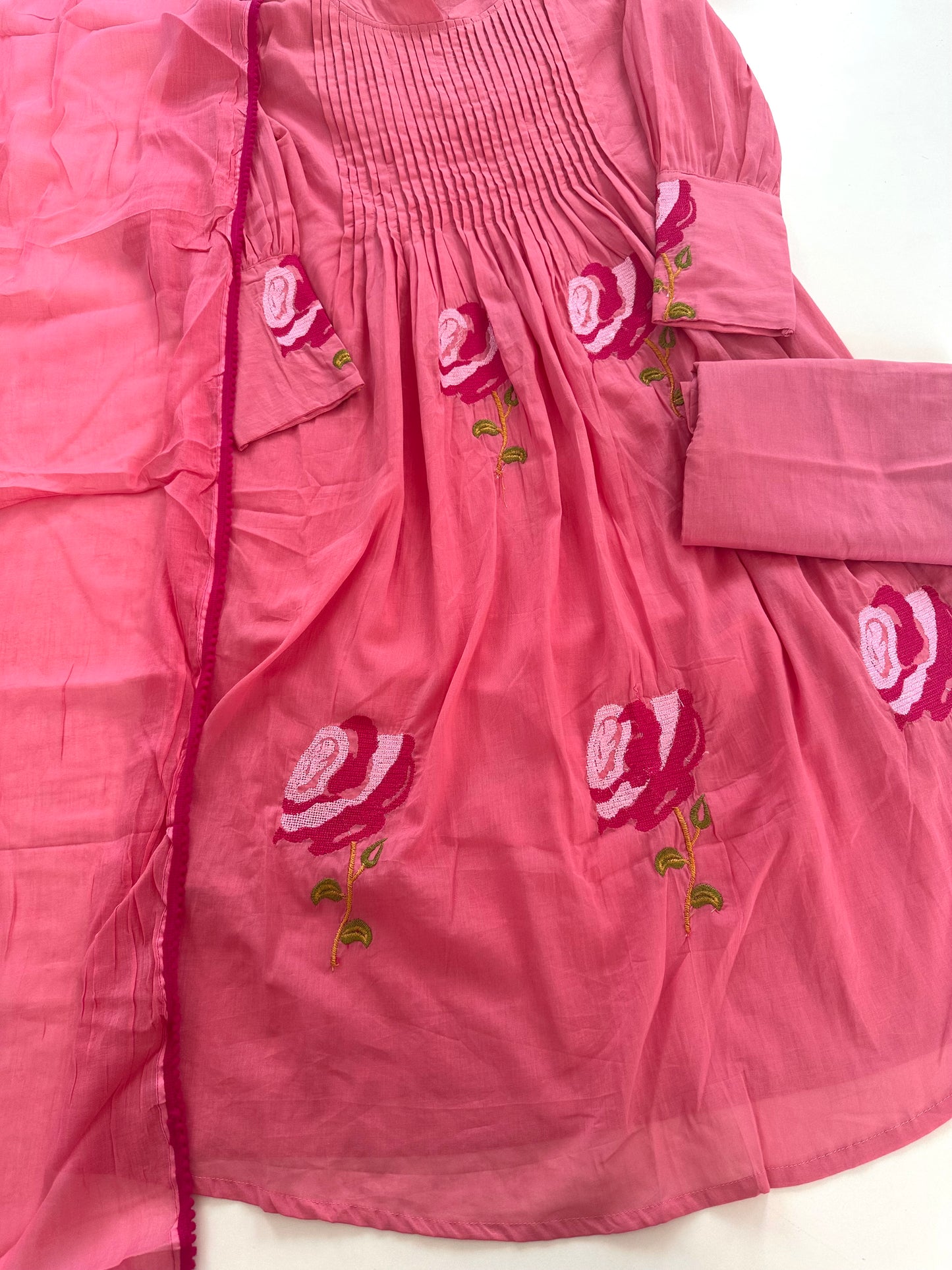 K238 - Cotton embroidered Aline Kurti with pants and dupatta