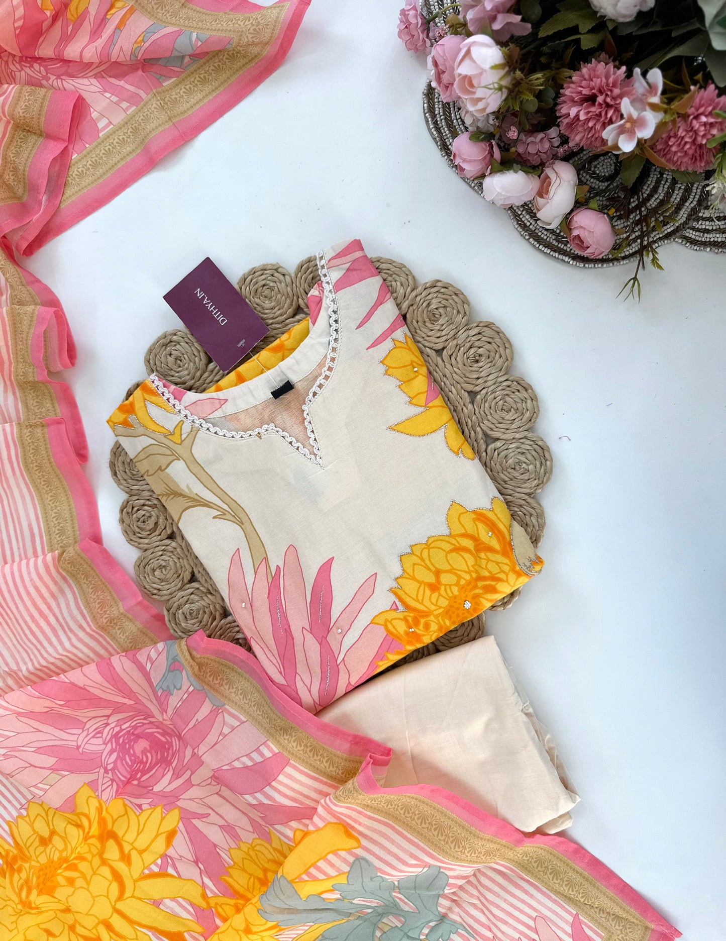 K029 - Mul Cotton zari straight Kurti with pants and dupatta