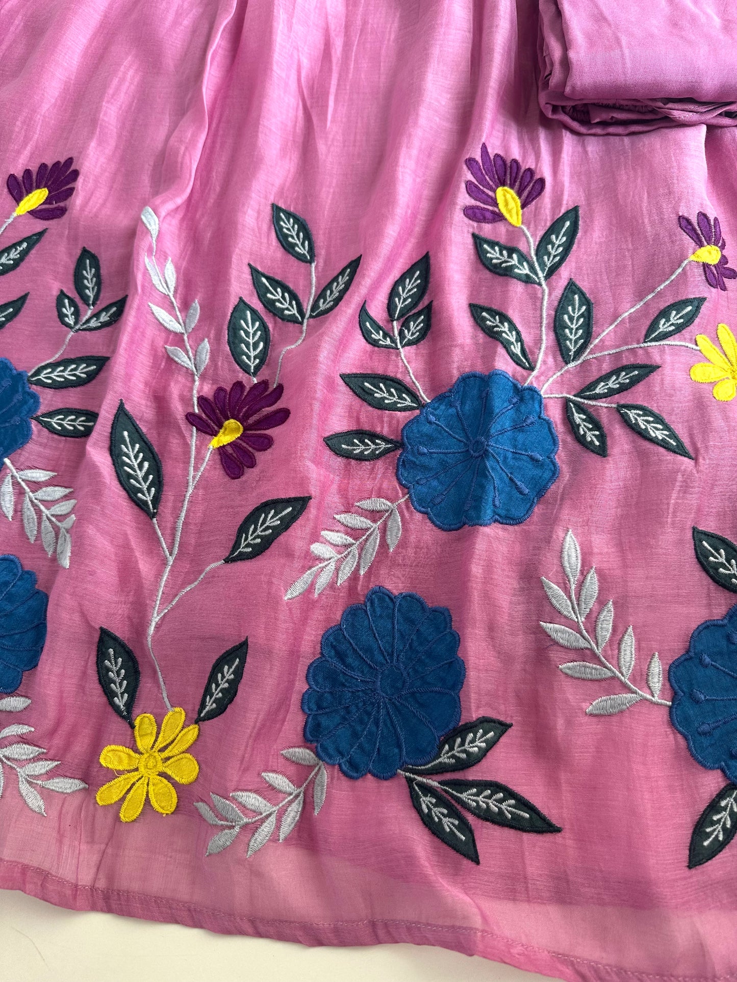 K126 - Mul Chanderi embroidered Aline Kurti with pants and dupatta