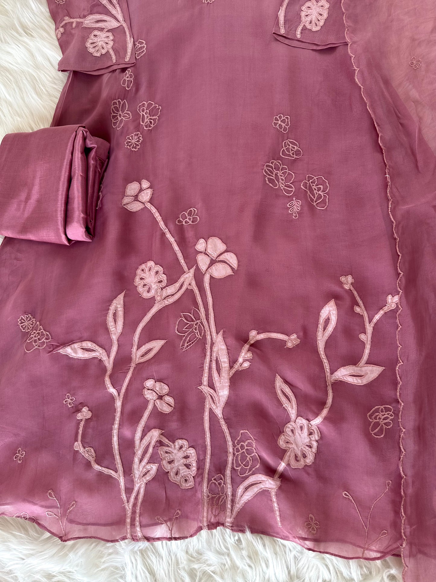 K225 - Pure viscose organza appliqué work Aline Kurti with pants and dupatta in 2 colours