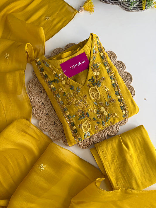 K341 - Mul chanderi Embroidered Aline Kurti with pants and dupatta