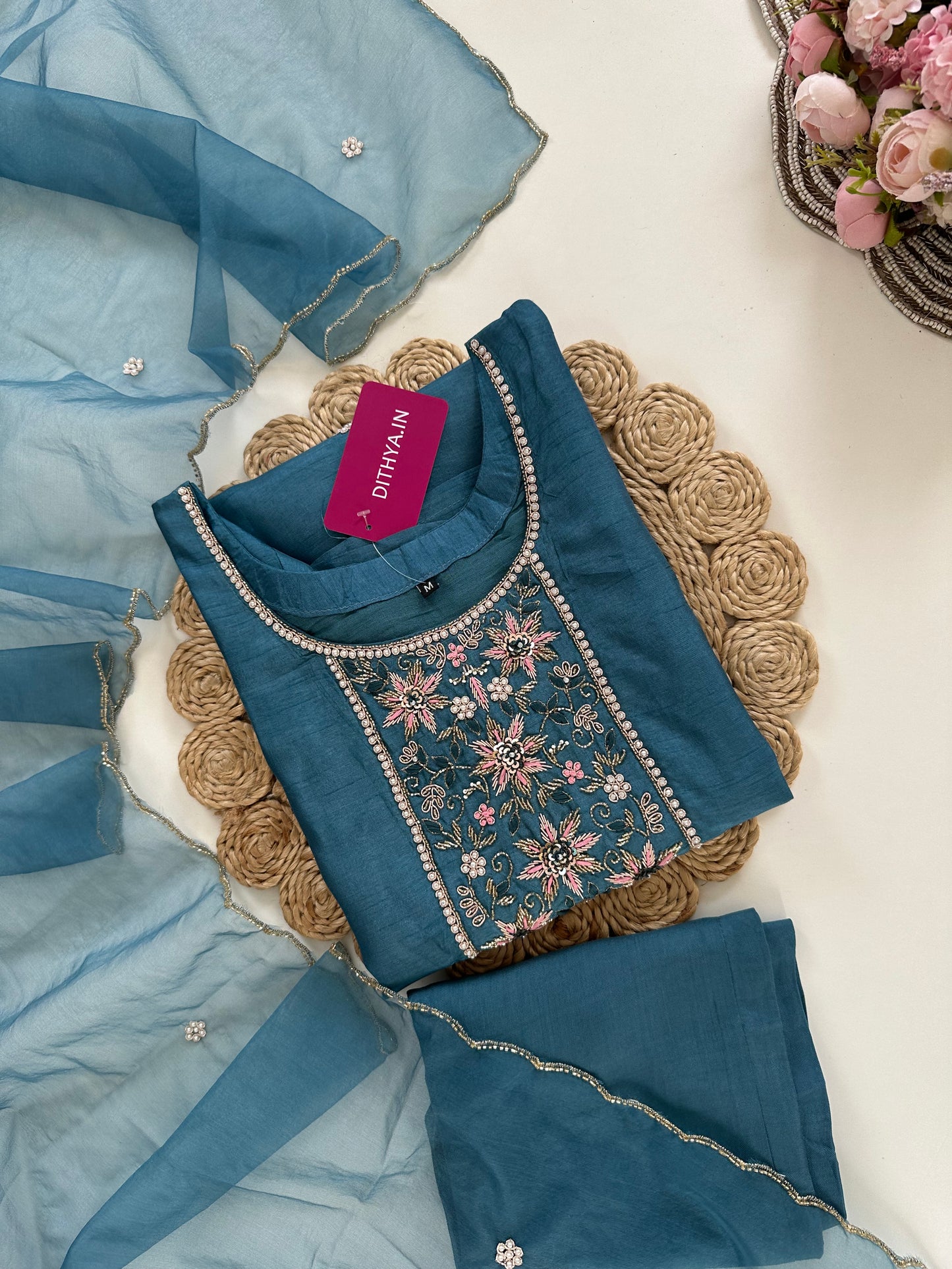 K231-Dola silk handwork straight Kurti with pants and dupatta in 2 colours