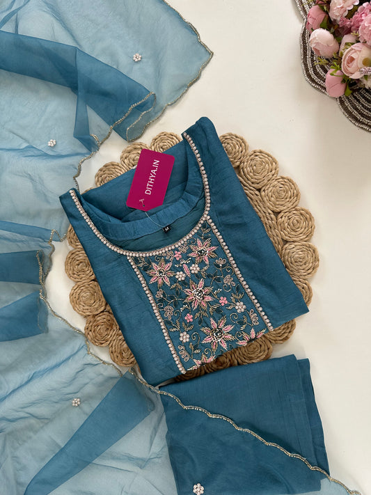 K231-Dola silk handwork straight Kurti with pants and dupatta in 2 colours
