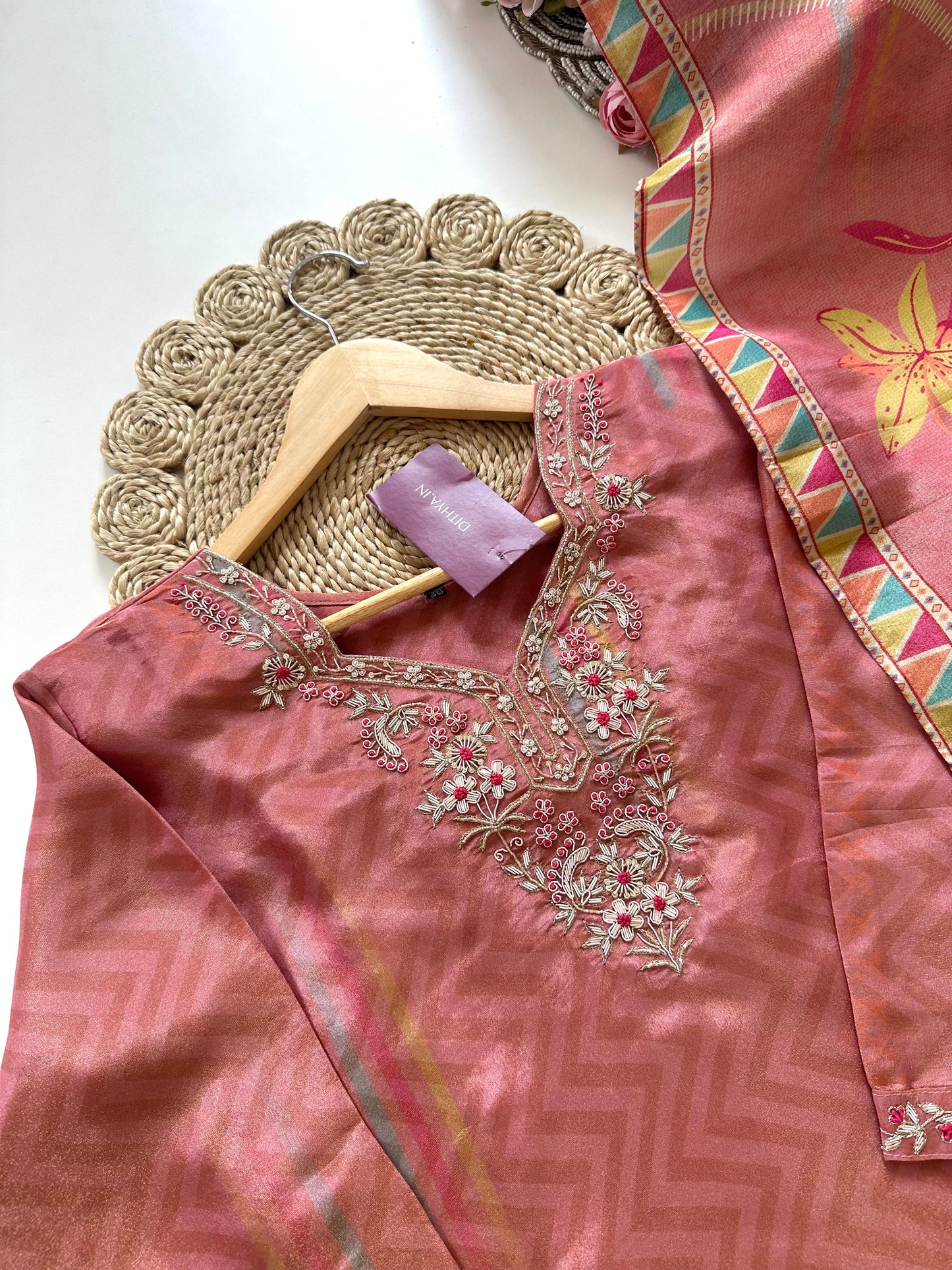 K125 - Handwork Tissue silk printed straight Kurti with pants and dupatta