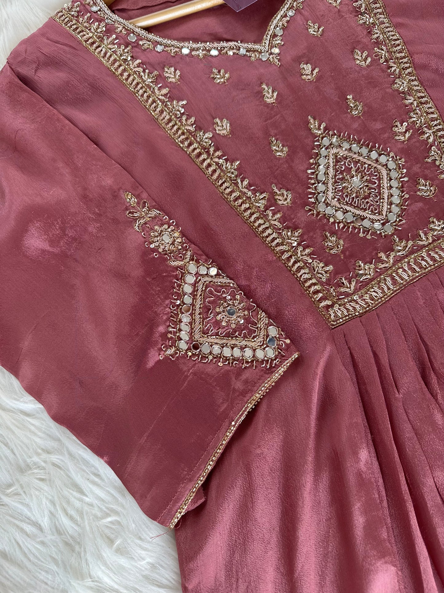 K399 - Handwork Chinnon Anarkali with pants and dupatta in 2 colour