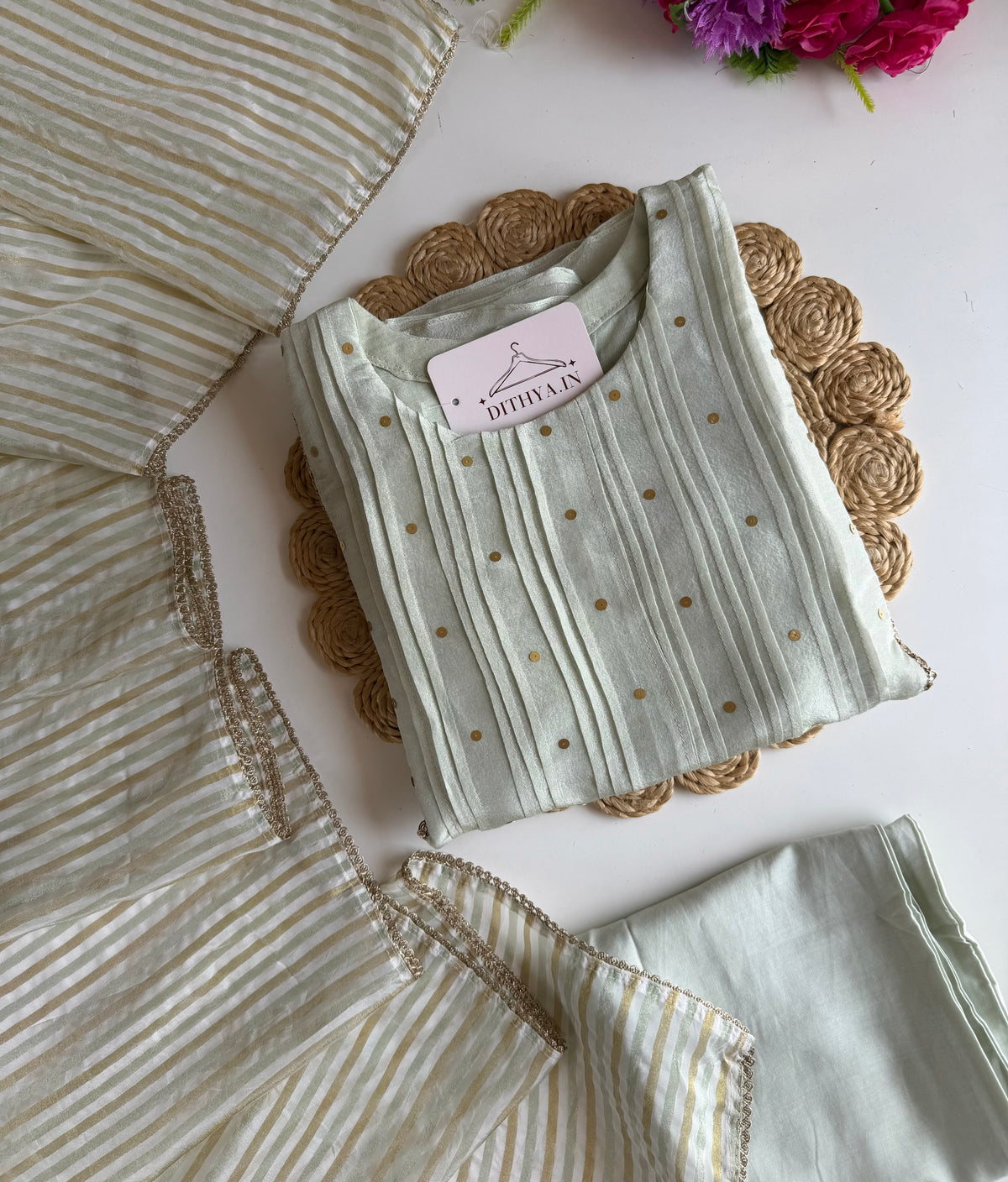 K700 - Tissue silk handwork aline Kurti with pants and dupatta
