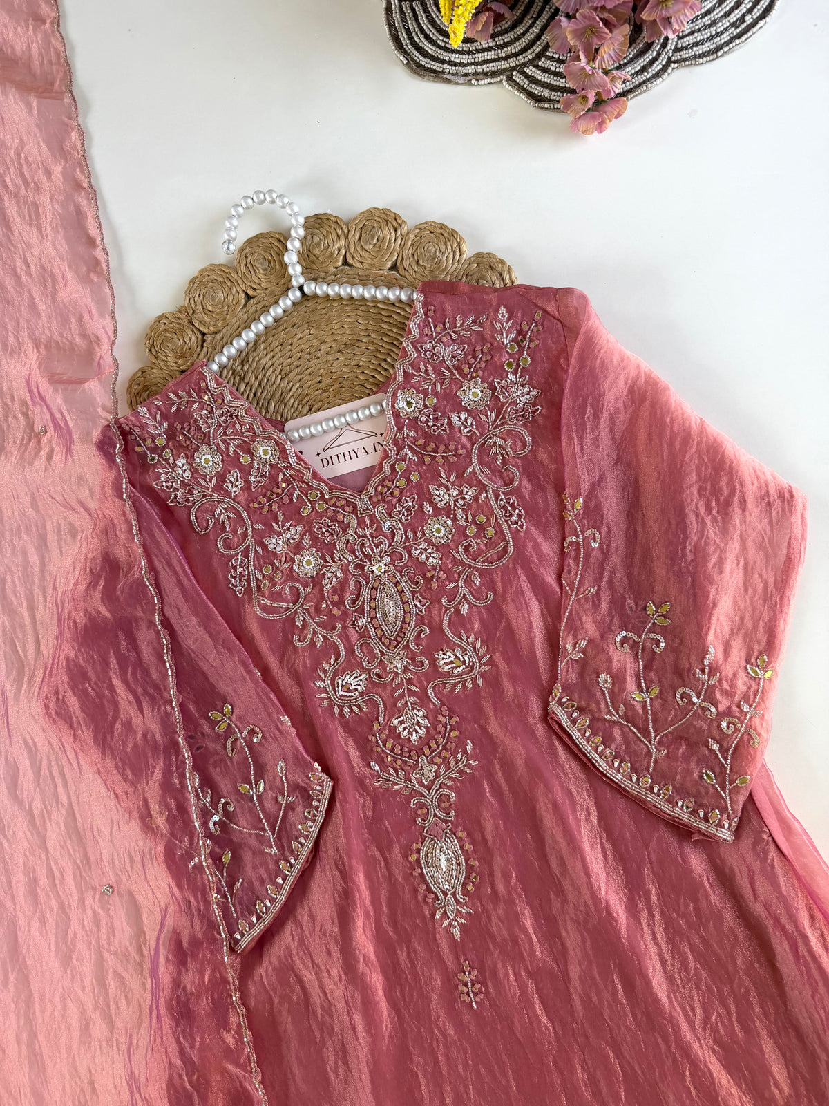 K599 -Glass tissue silk handwork aline Kurti with pants and dupatta