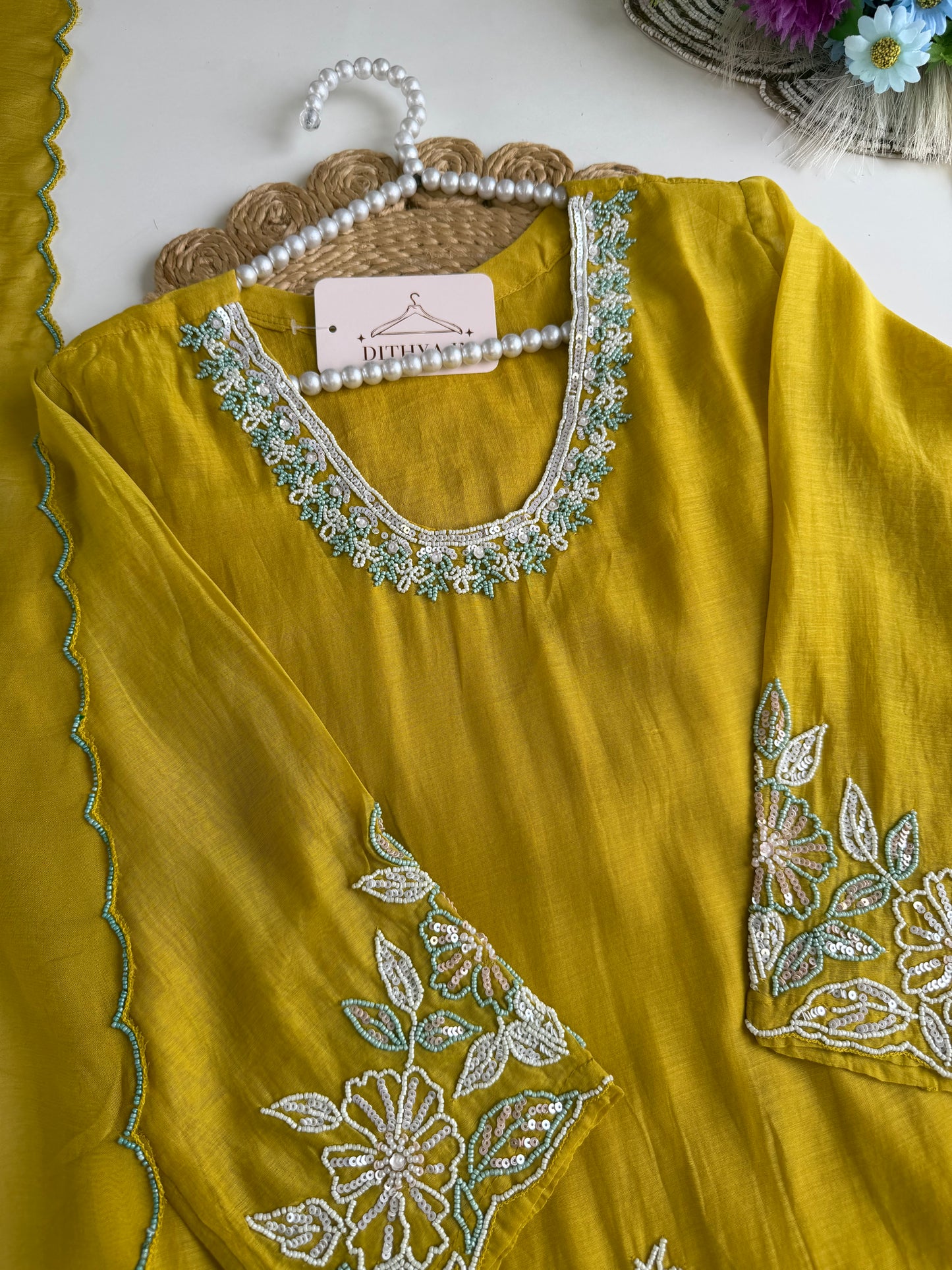 K466 - Mul chanderi handwork short Kurti with palazzo and dupatta