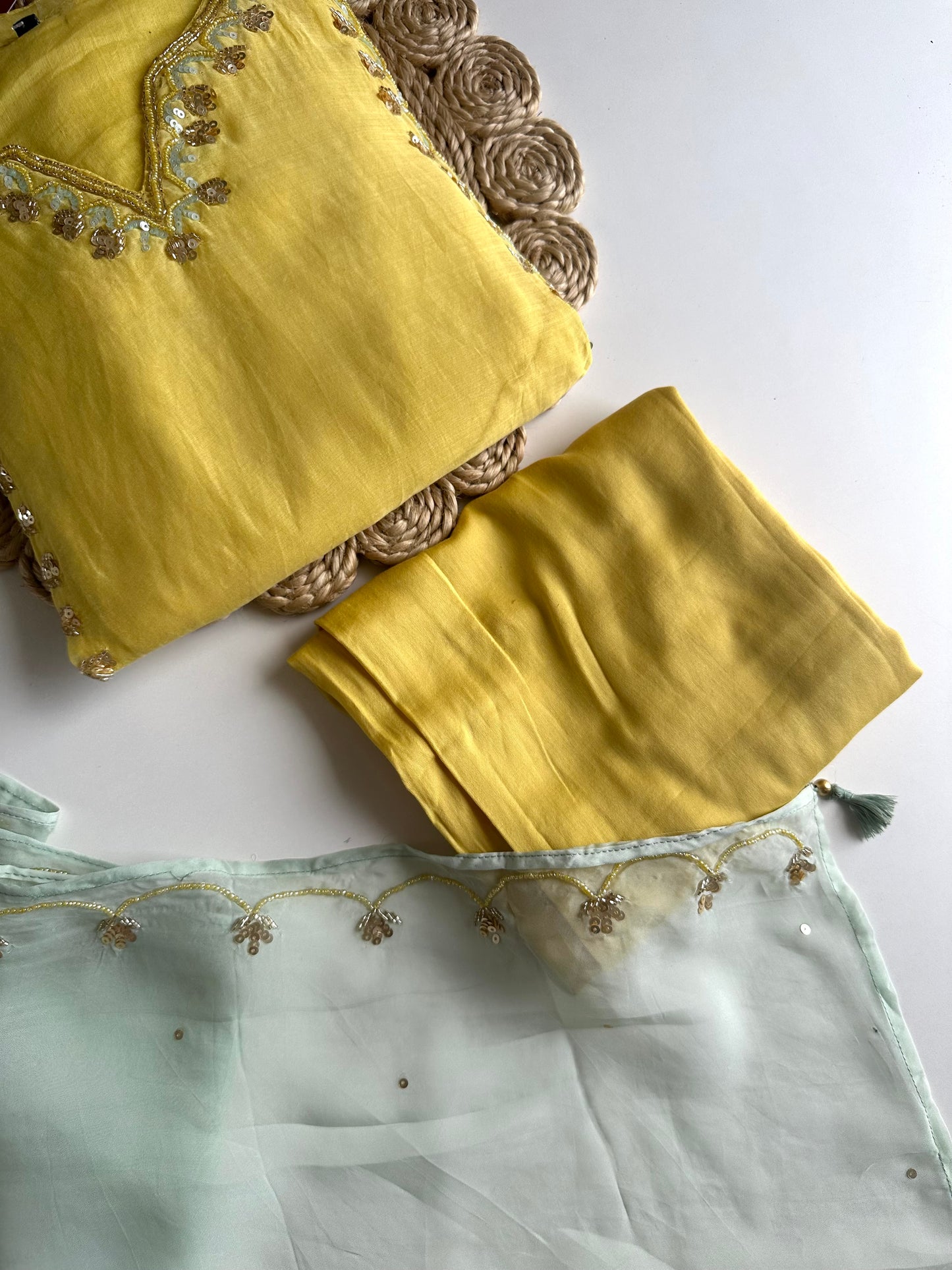 K360 - Mul Chanderi handwork Aline Kurti with pants and dupatta