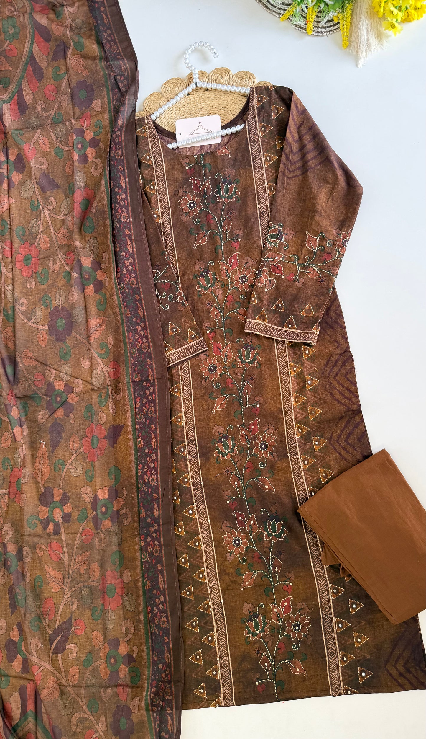 K317 - Cotton embroidered straight Kurti with pants and dupatta