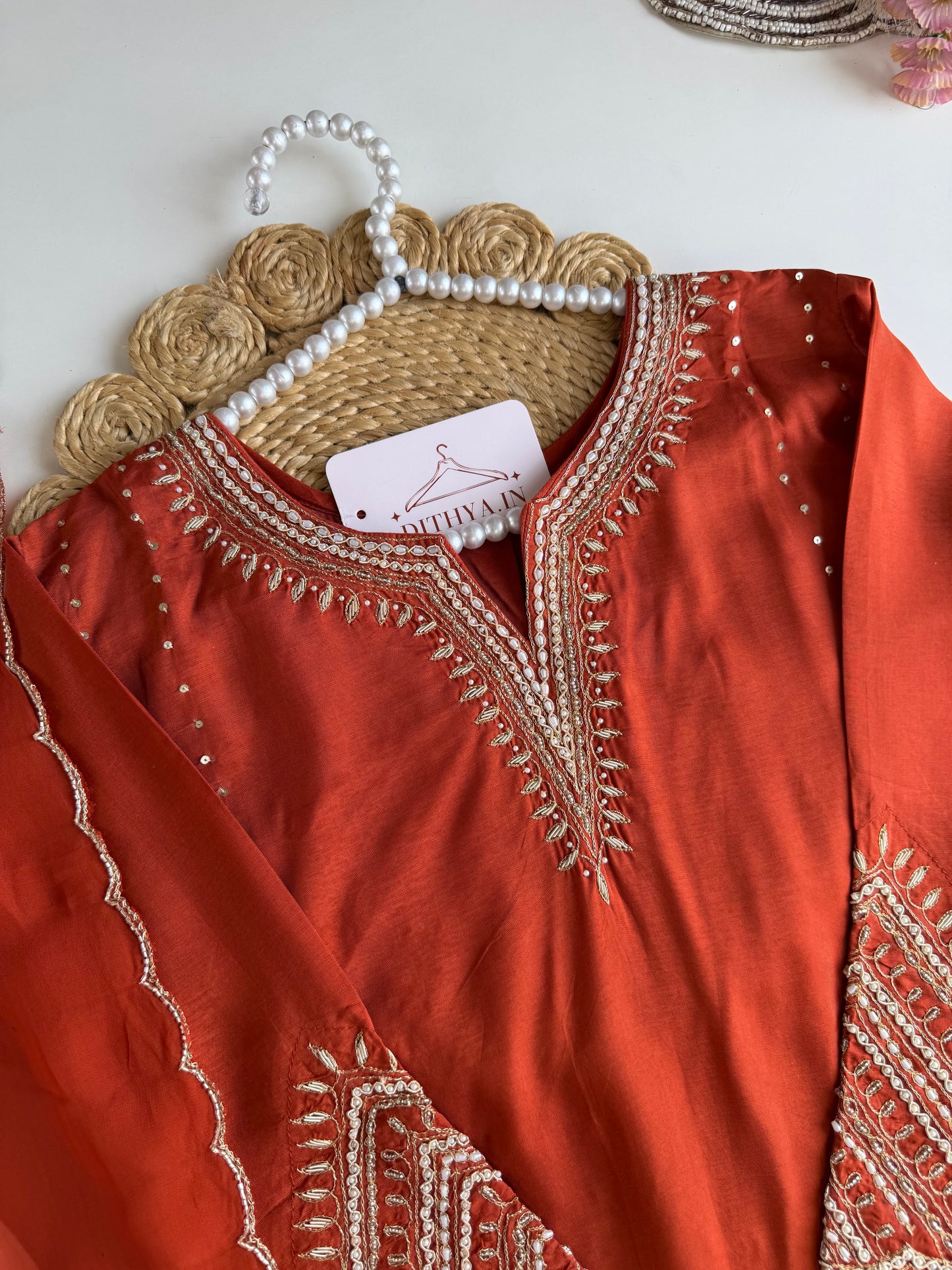 K534 - Russian silk handwork straight Kurti with pants and dupatta