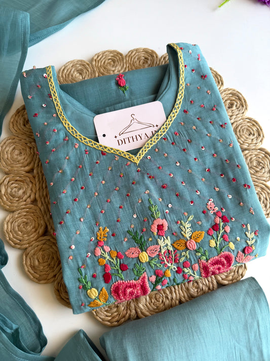 K275 - Surat Mul chanderi embroidered straight Kurti with pants and dupatta