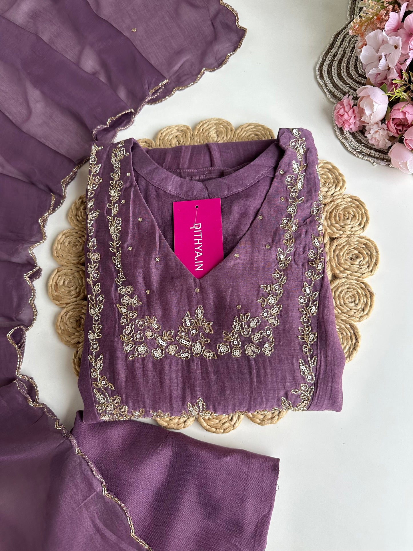 K076 - Mul Chanderi handwork Aline Kurti with pants and dupatta