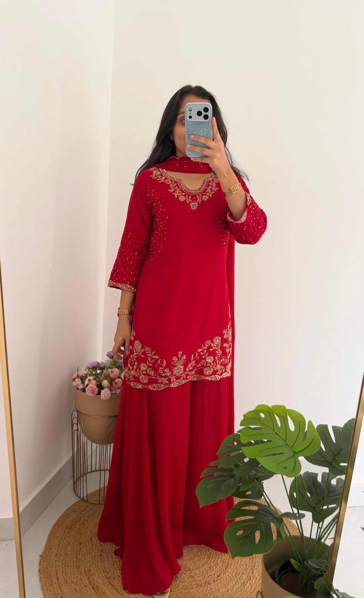 K195 - Russian silk handwork short Kurti with divider pants and dupatta