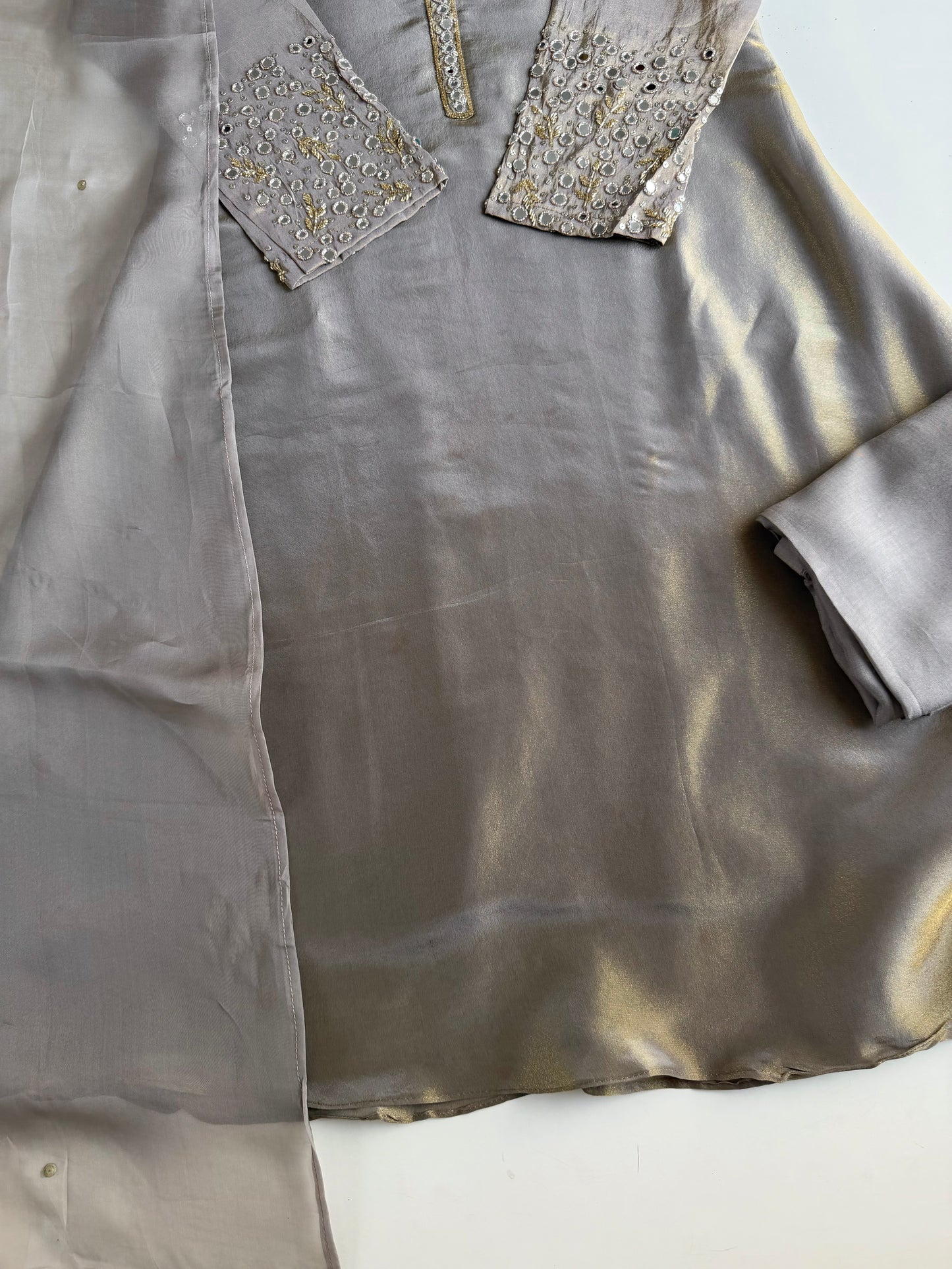 K121 - Tissue silk mirror work Anarkali with pants and dupatta