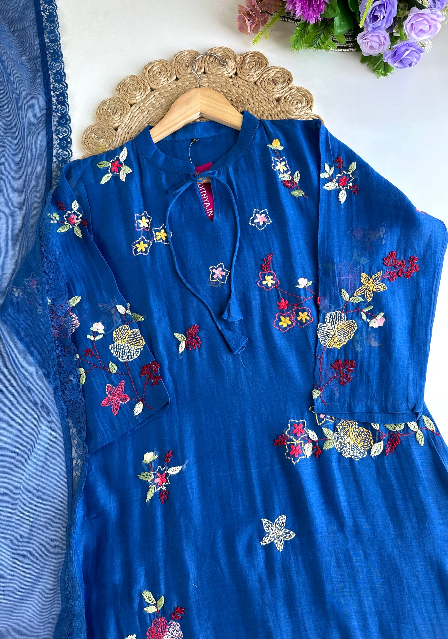 K231 - Mul Chanderi Appliqué work Aline Kurti with pants and dupatta