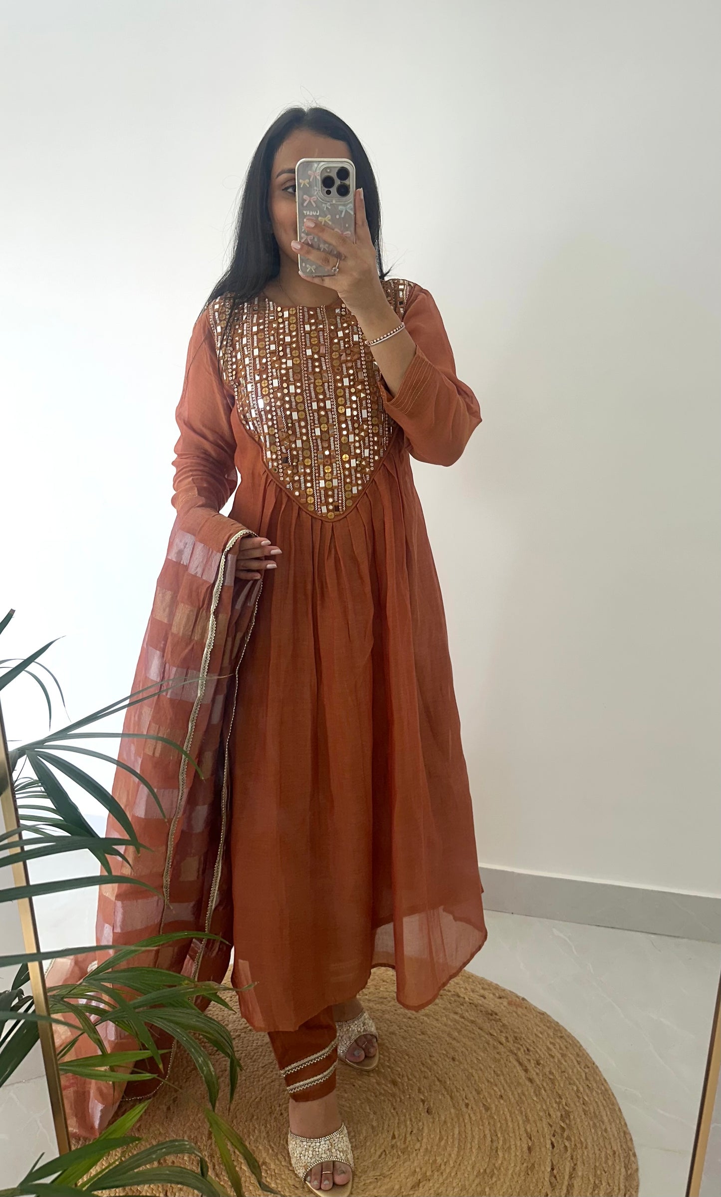 K078 - Pure mul Chanderi mirror work Anarkali with pants and dupatta