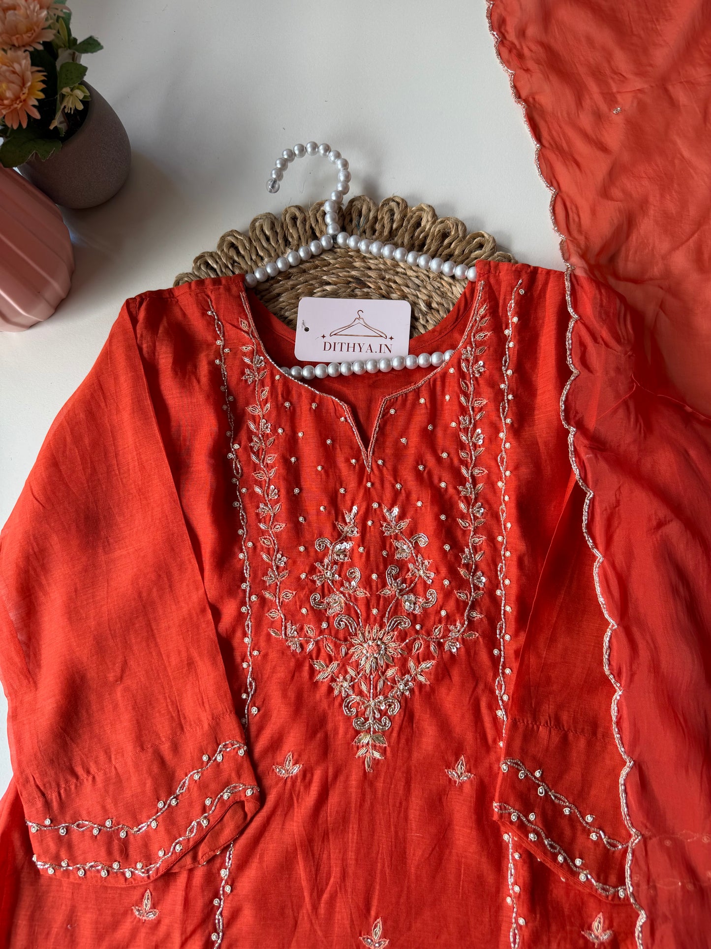 K589 - Mul chanderi handwork short Kurti with palazzo and dupatta