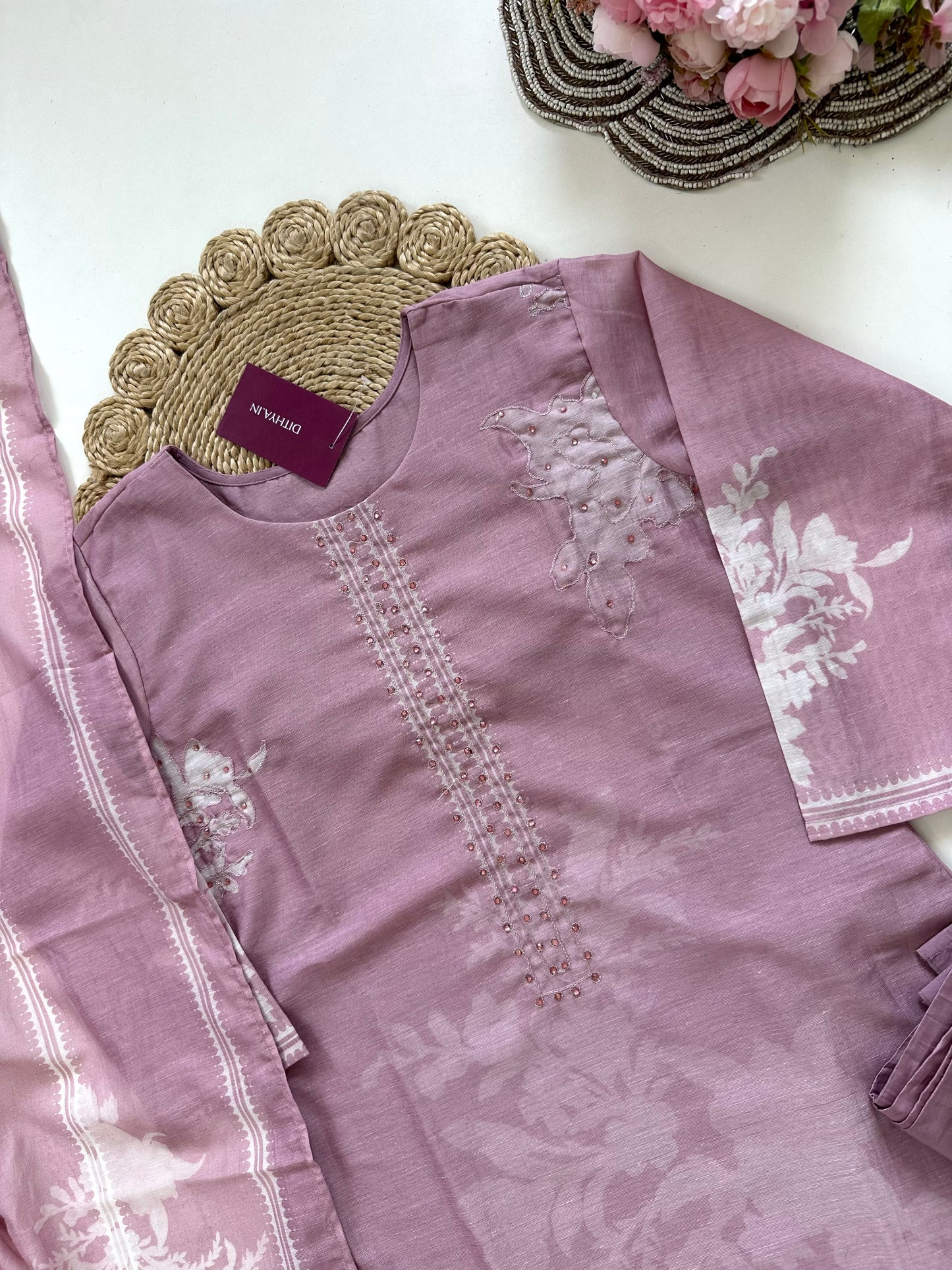 K213 - Linen cotton handwork straight Kurti with pants and dupatta