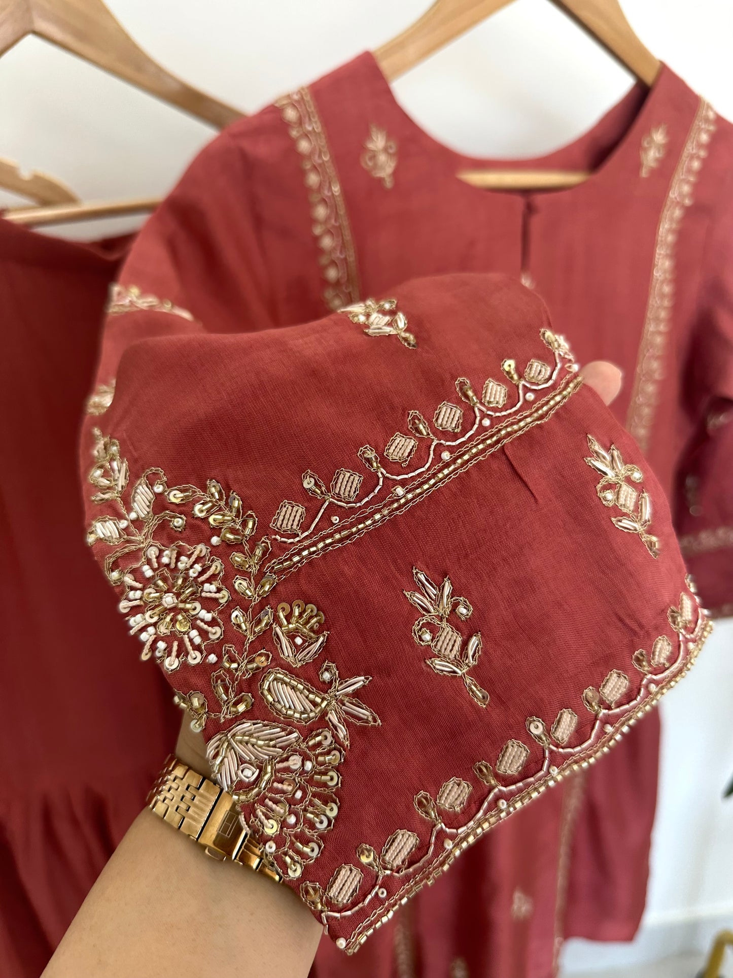 K358 - Russian silk handwork Short Kurti with sharara and dupatta