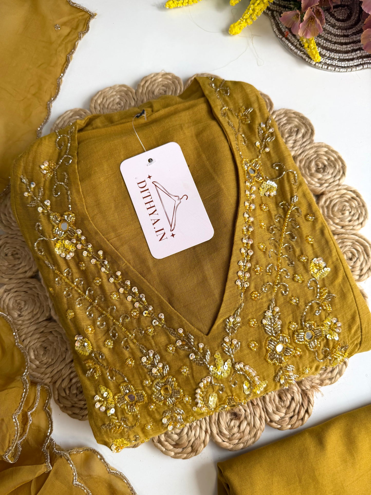 K508 - Mul chanderi Handwork Kurti with pants and dupatta