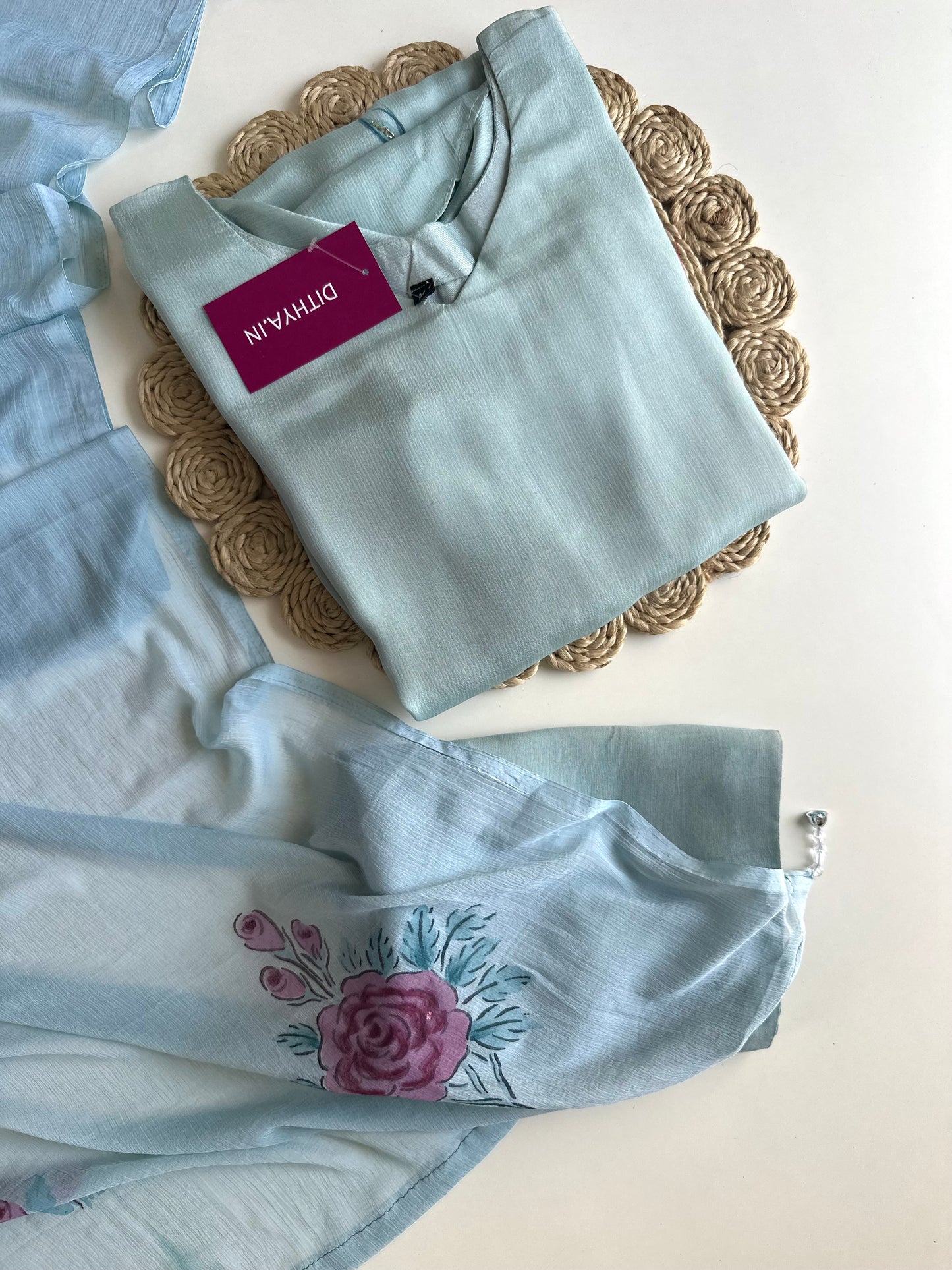 K325 - Pure Chinnon handwork Aline Kurti with pants and dupatta