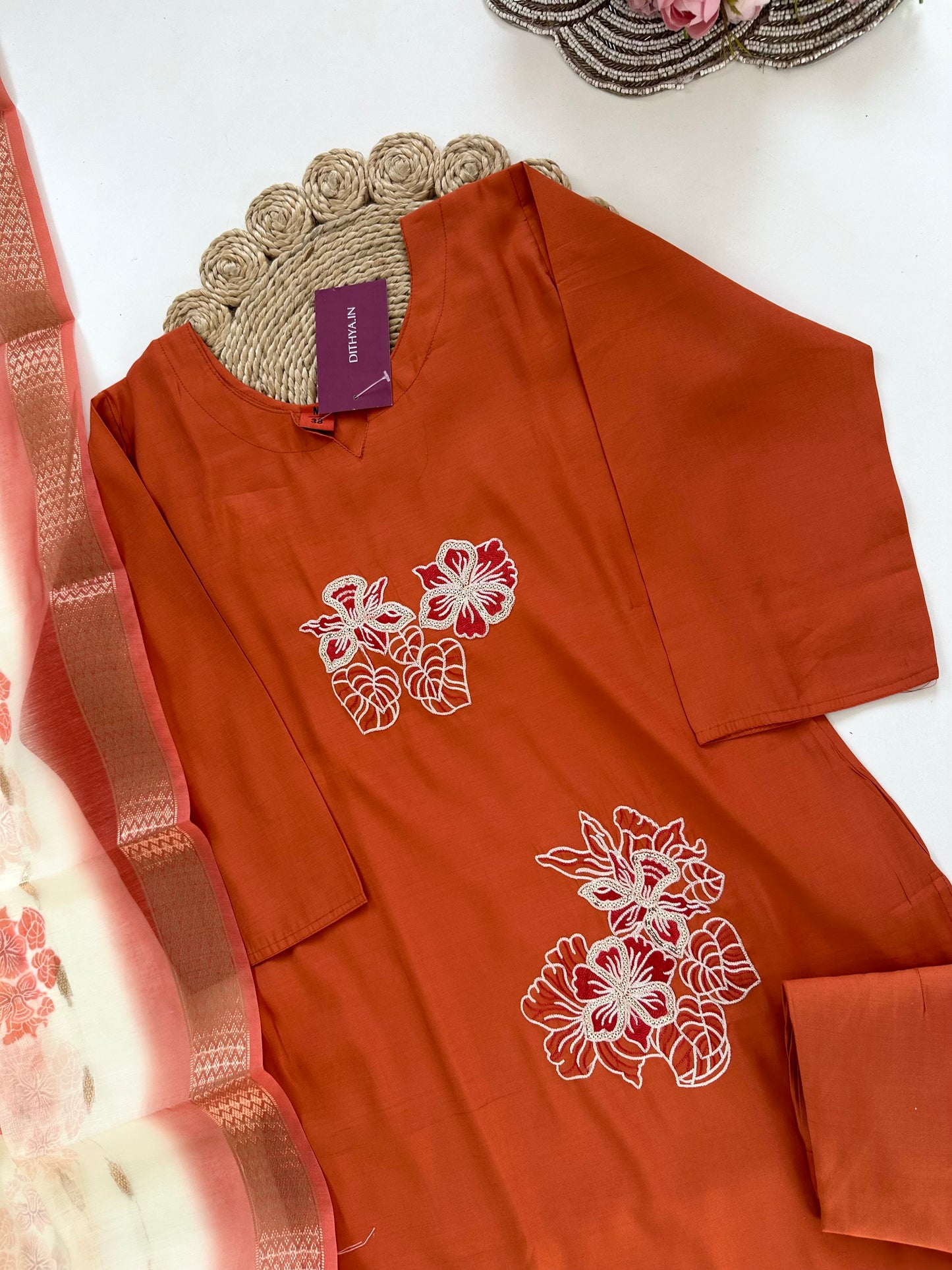 K218 - Roman silk thread work straight Kurti with pants and dupatta in 2 colours